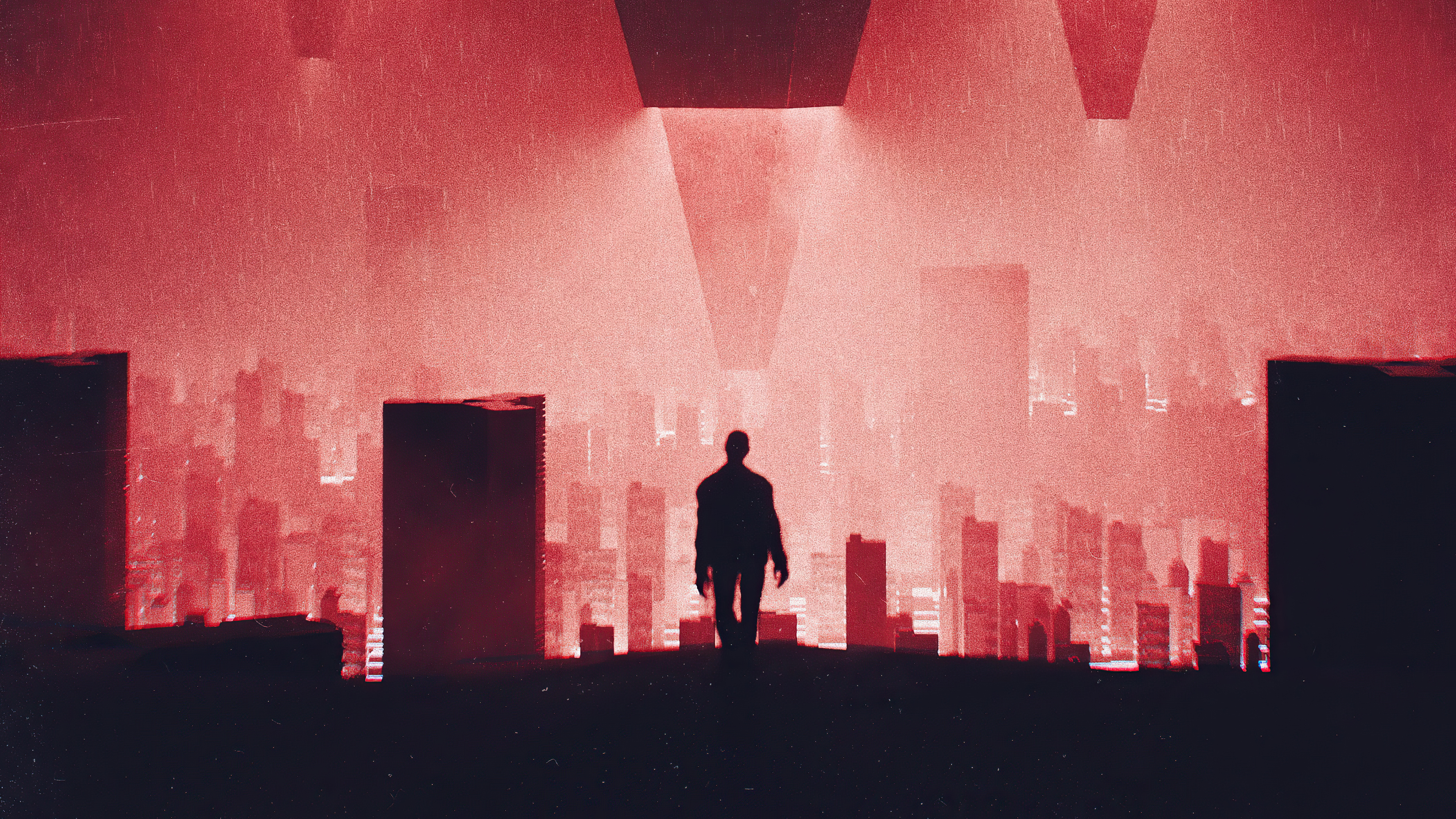 Silhouette of a man in a red, foggy city HD Wallpaper