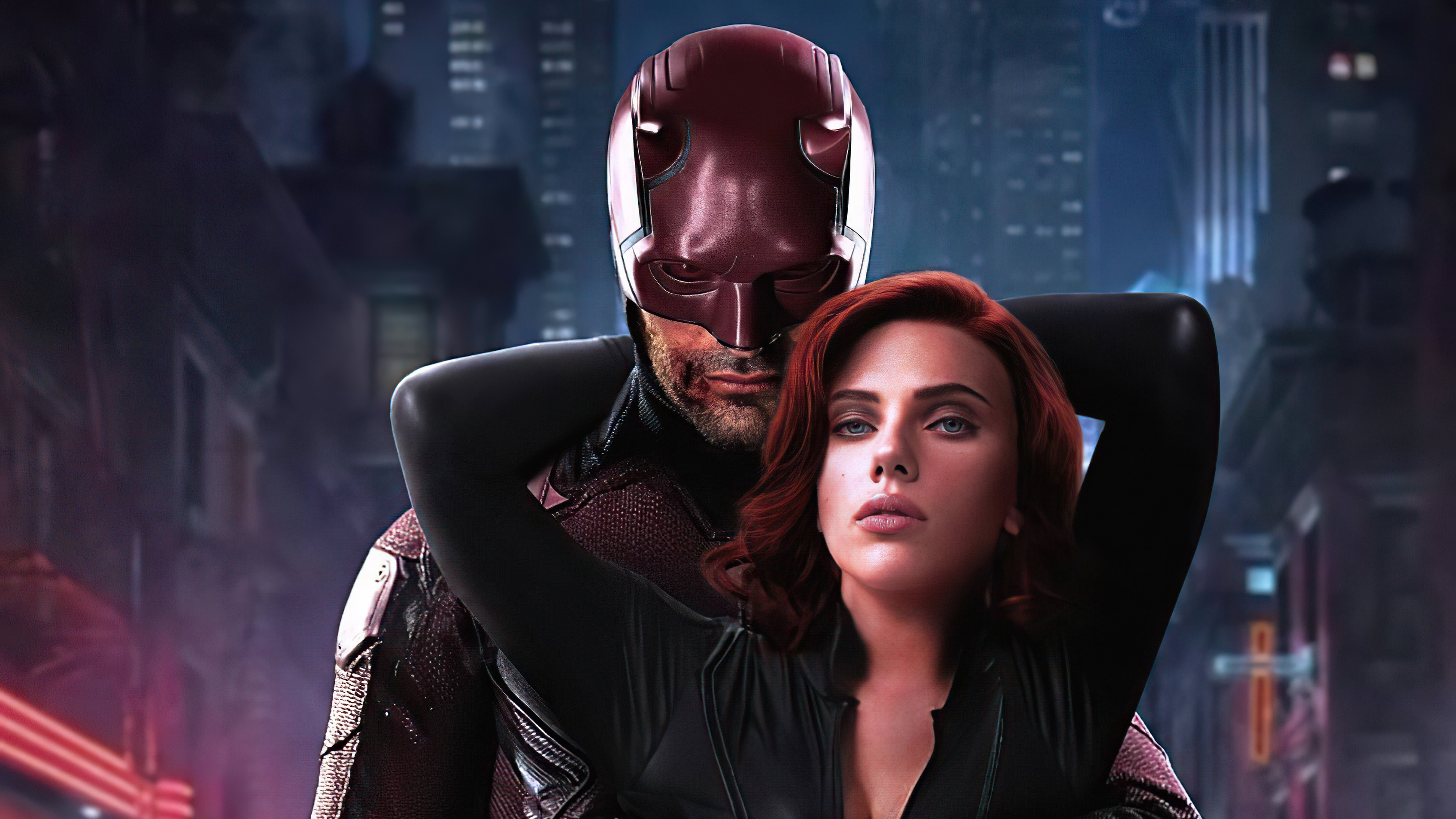 Daredevil and Black Widow in a City HD Wallpaper