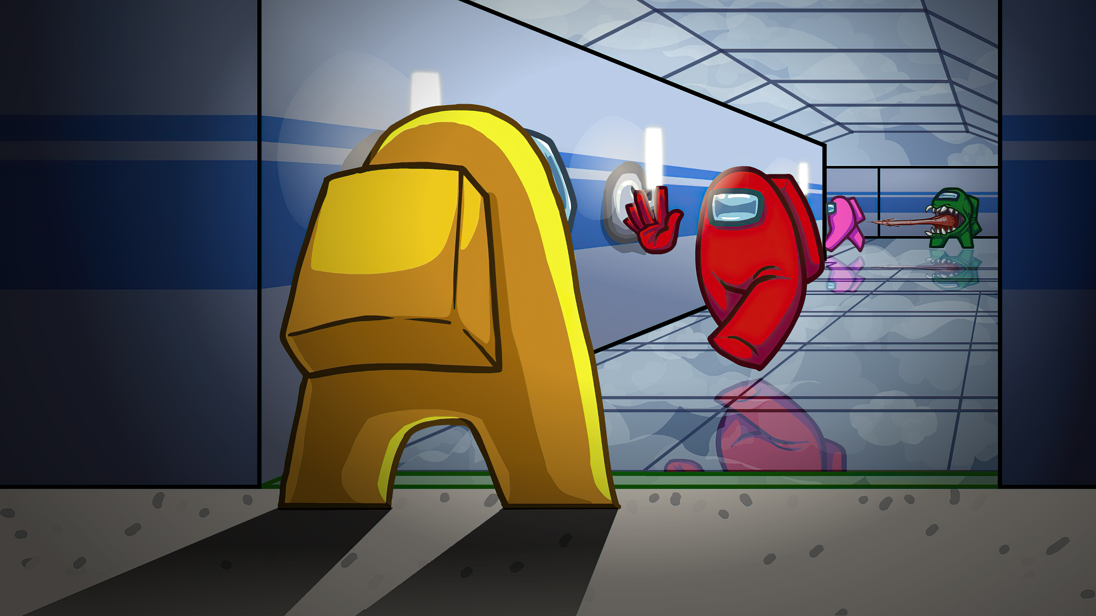 Among Us characters in a hallway HD Wallpaper
