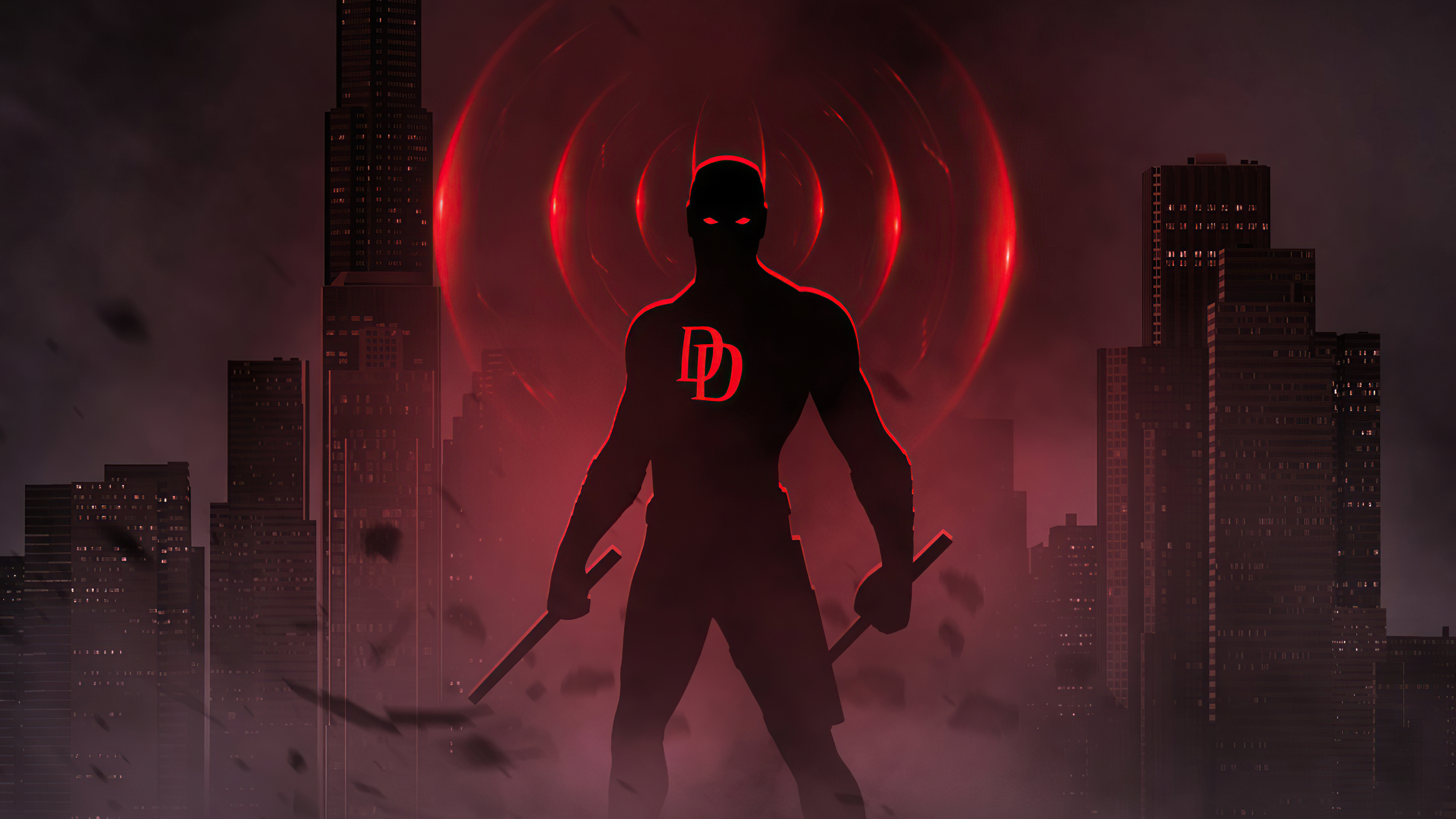 Daredevil silhouette with DD logo in city HD Wallpaper