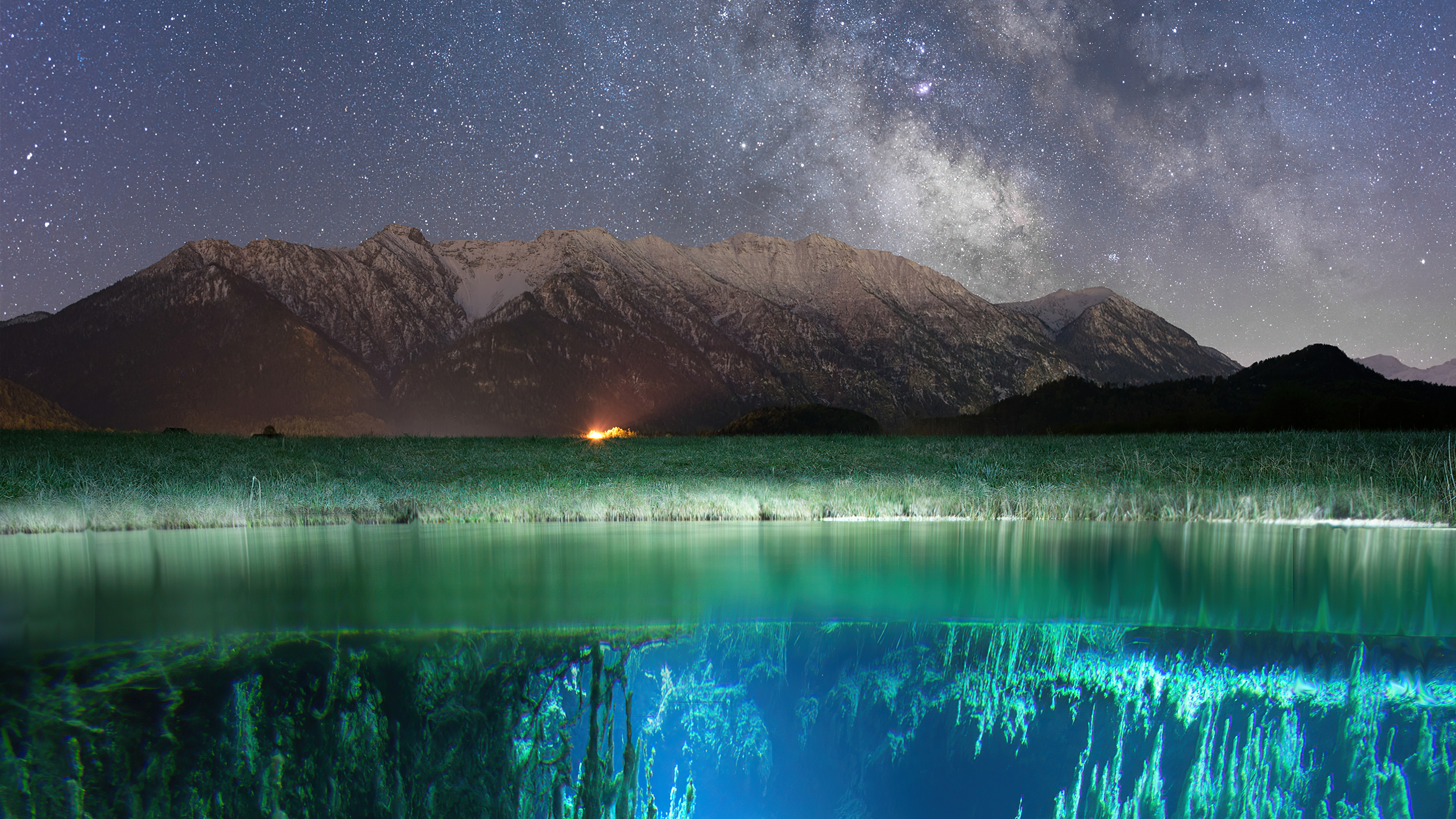 Milky Way over Mountains and Underwater Lake HD Wallpaper