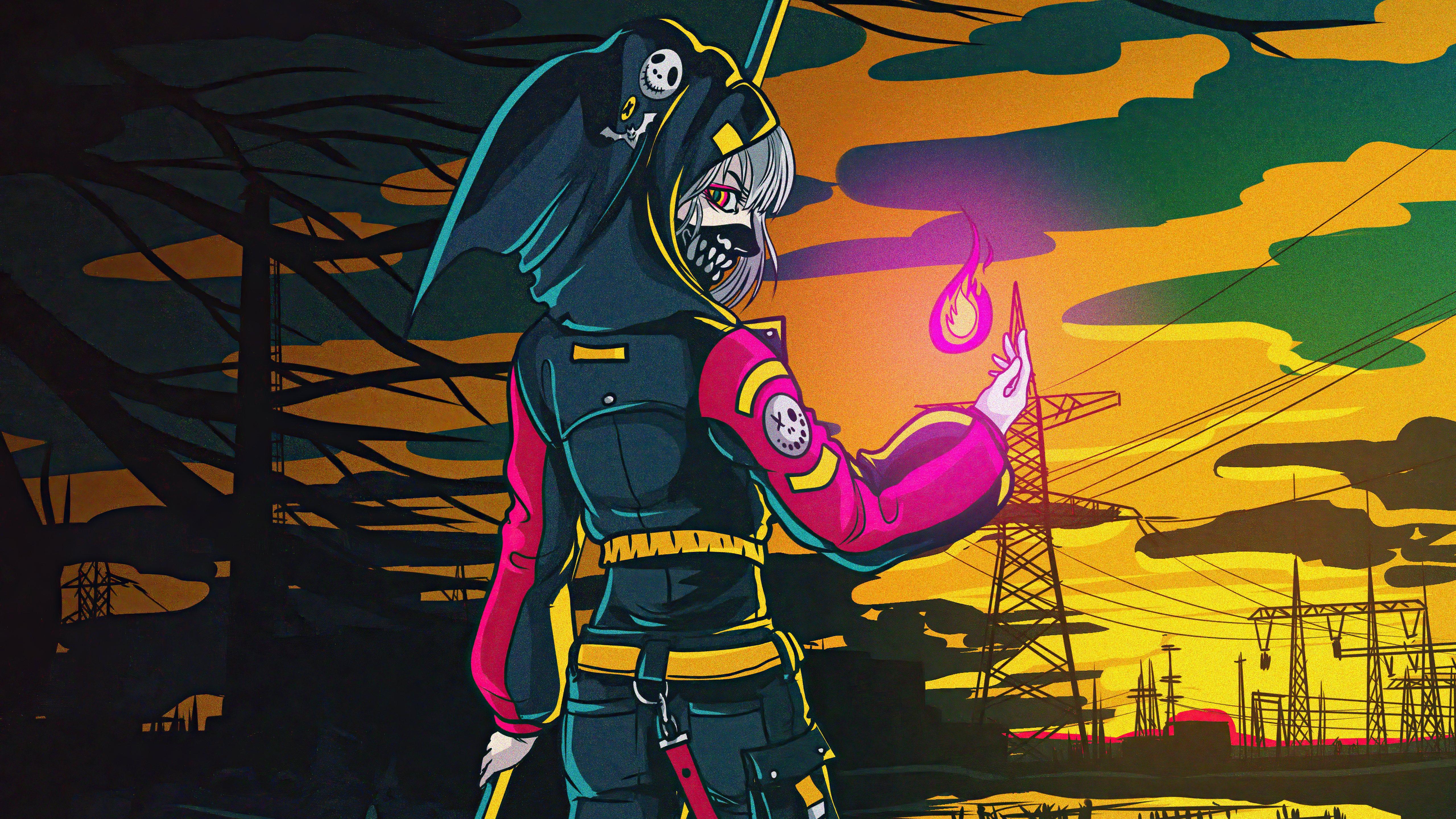 Anime character with skull mask and fire HD Wallpaper