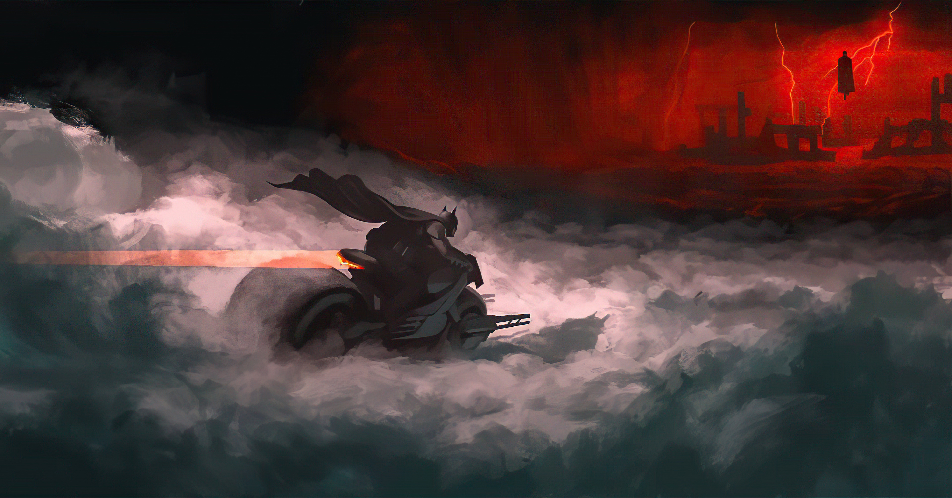 Batman on a motorcycle in a stormy, ruined city HD Wallpaper
