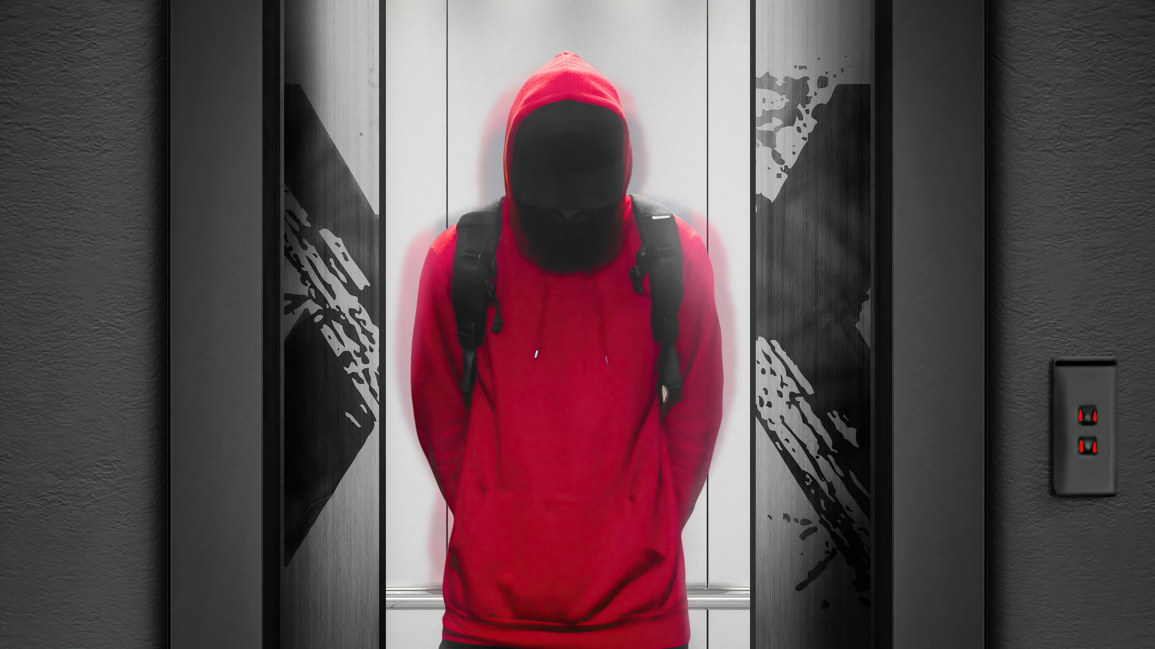 Person in red hoodie in elevator HD Wallpaper