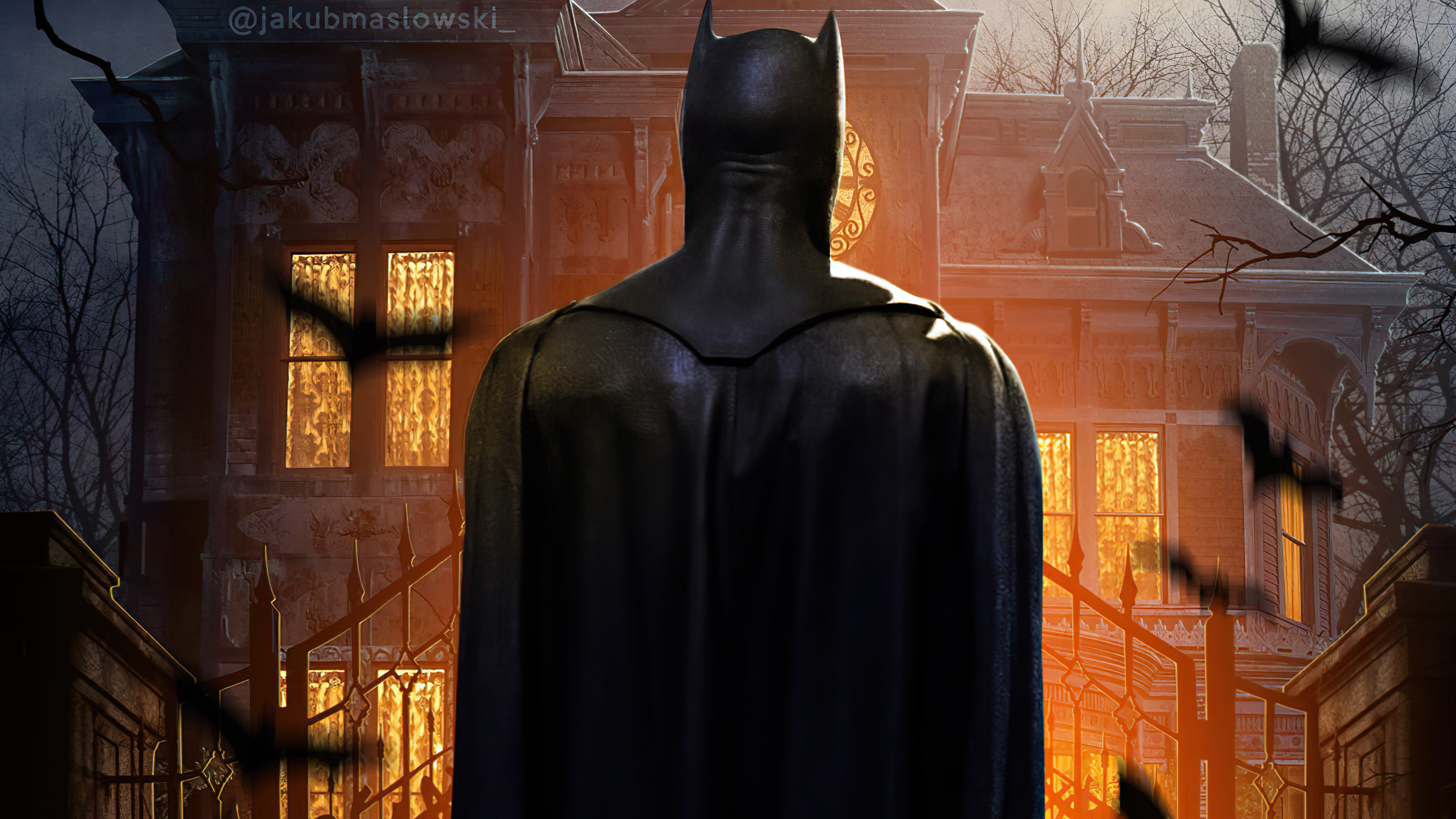 Batman in front of a haunted house with bats HD Wallpaper