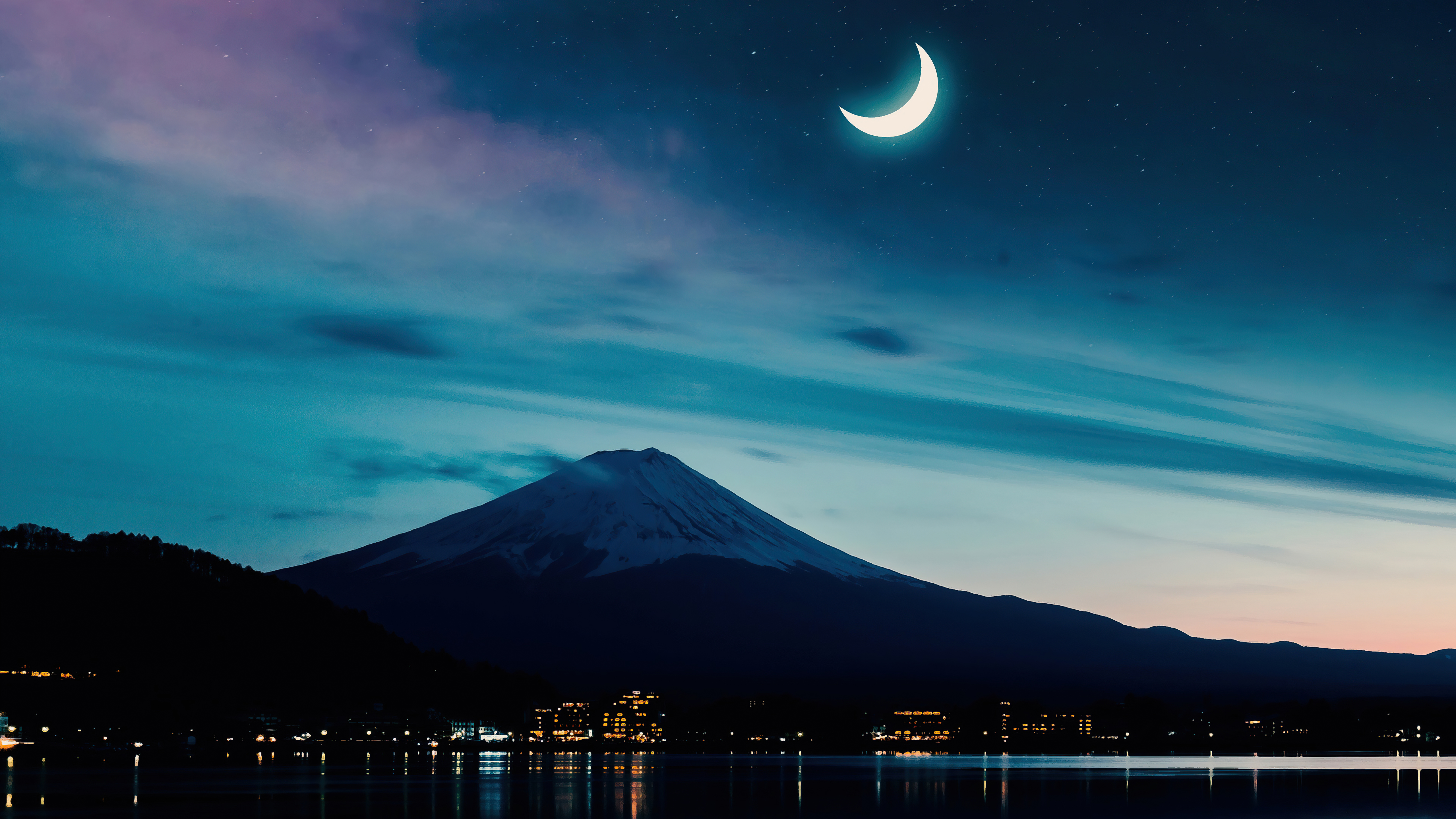 Mount Fuji at night with crescent moon HD Wallpaper