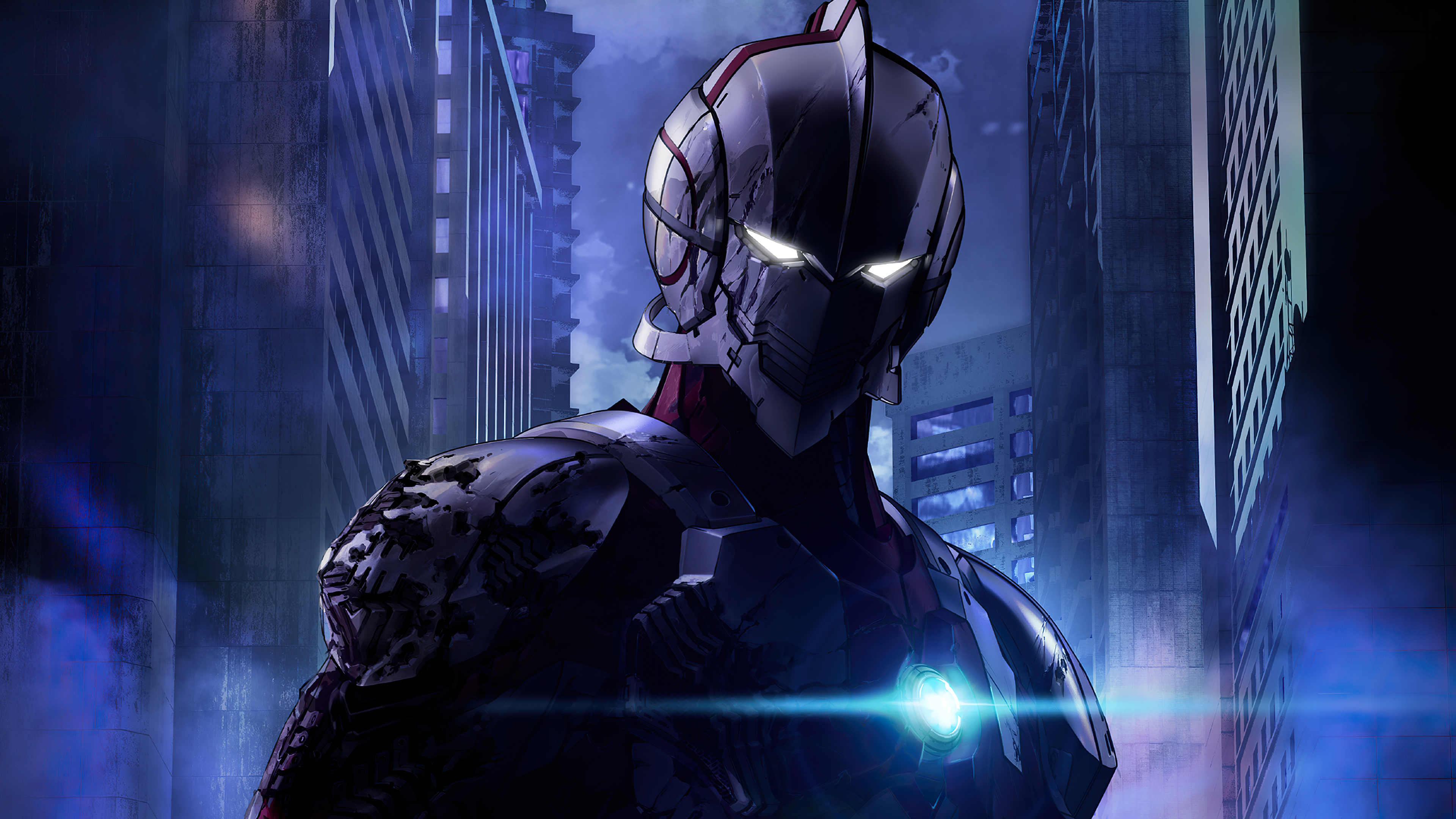 Ultraman artwork in a city at night HD Wallpaper