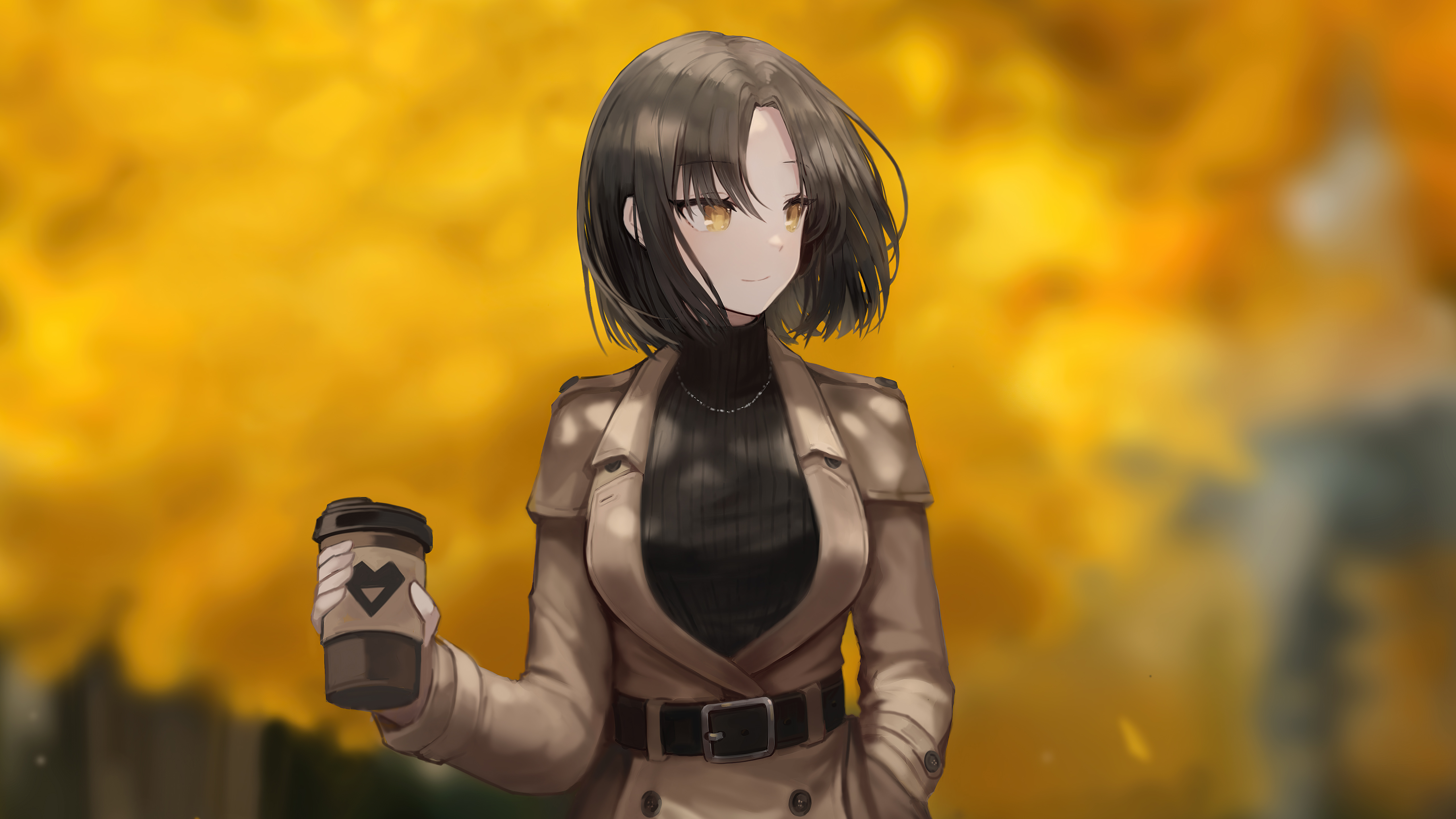 Anime girl with coffee in autumn HD Wallpaper