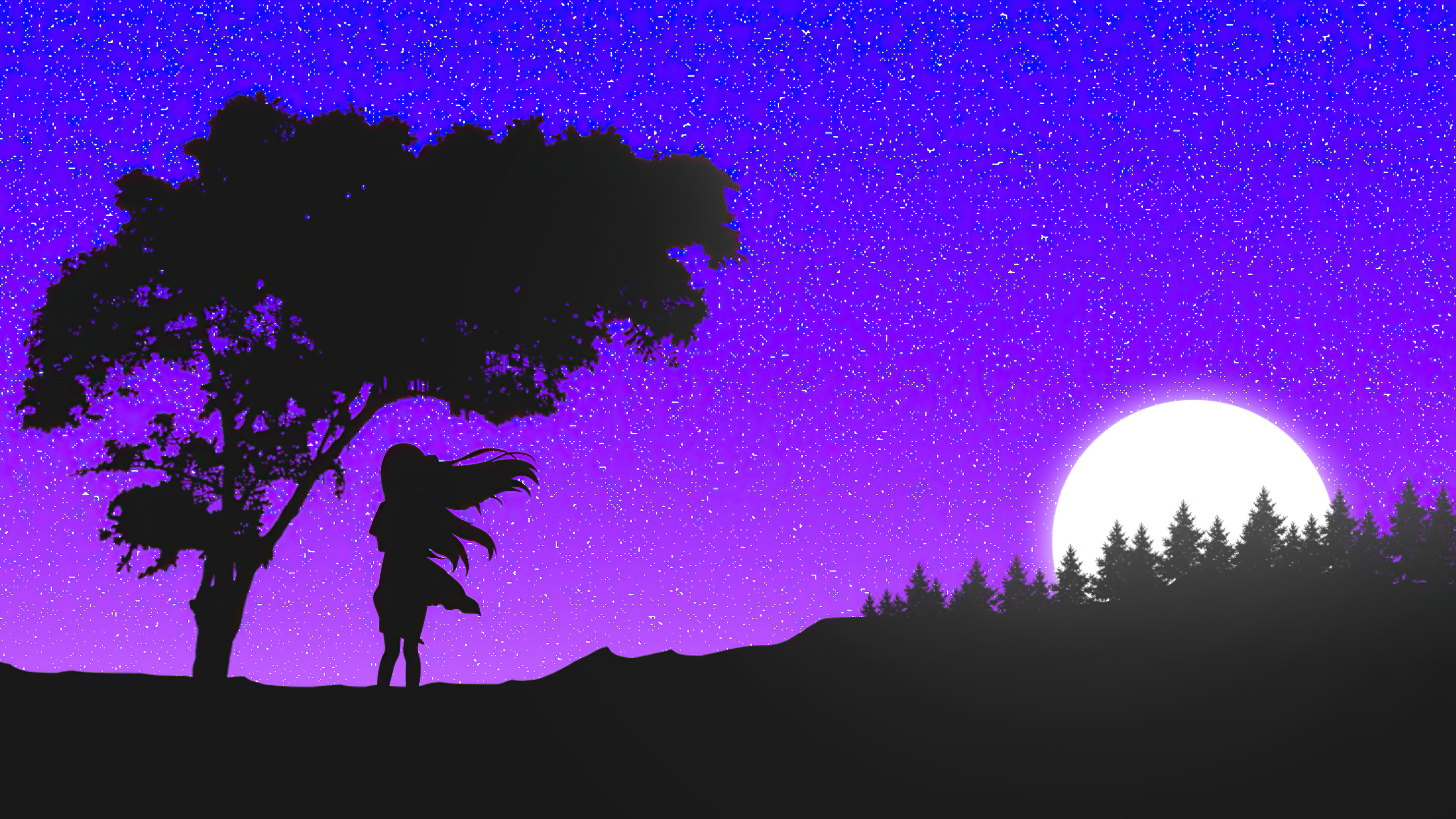 Silhouette of a girl under a tree at night HD Wallpaper