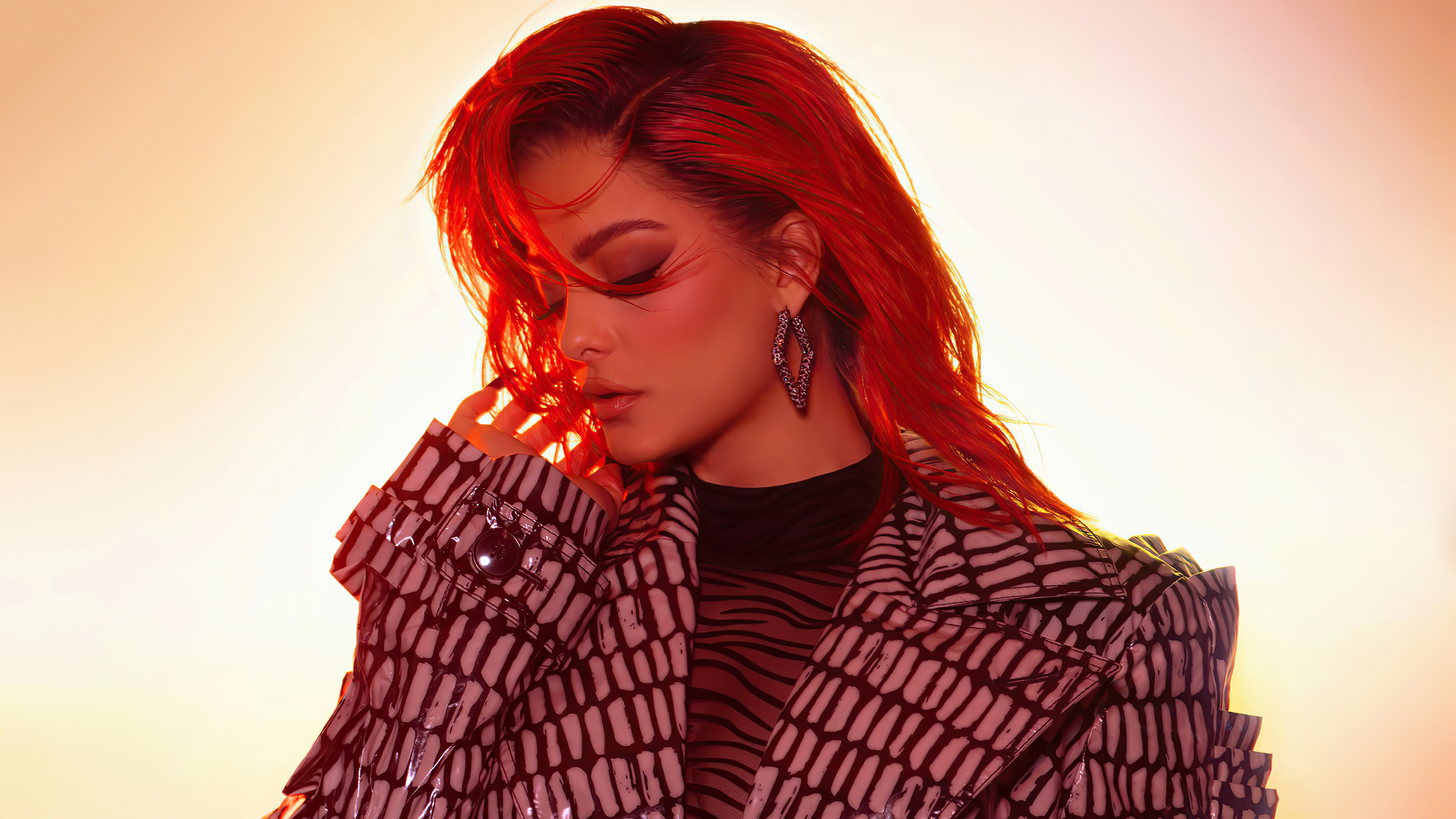 Bebe Rexha with red hair wearing a patterned coat HD Wallpaper