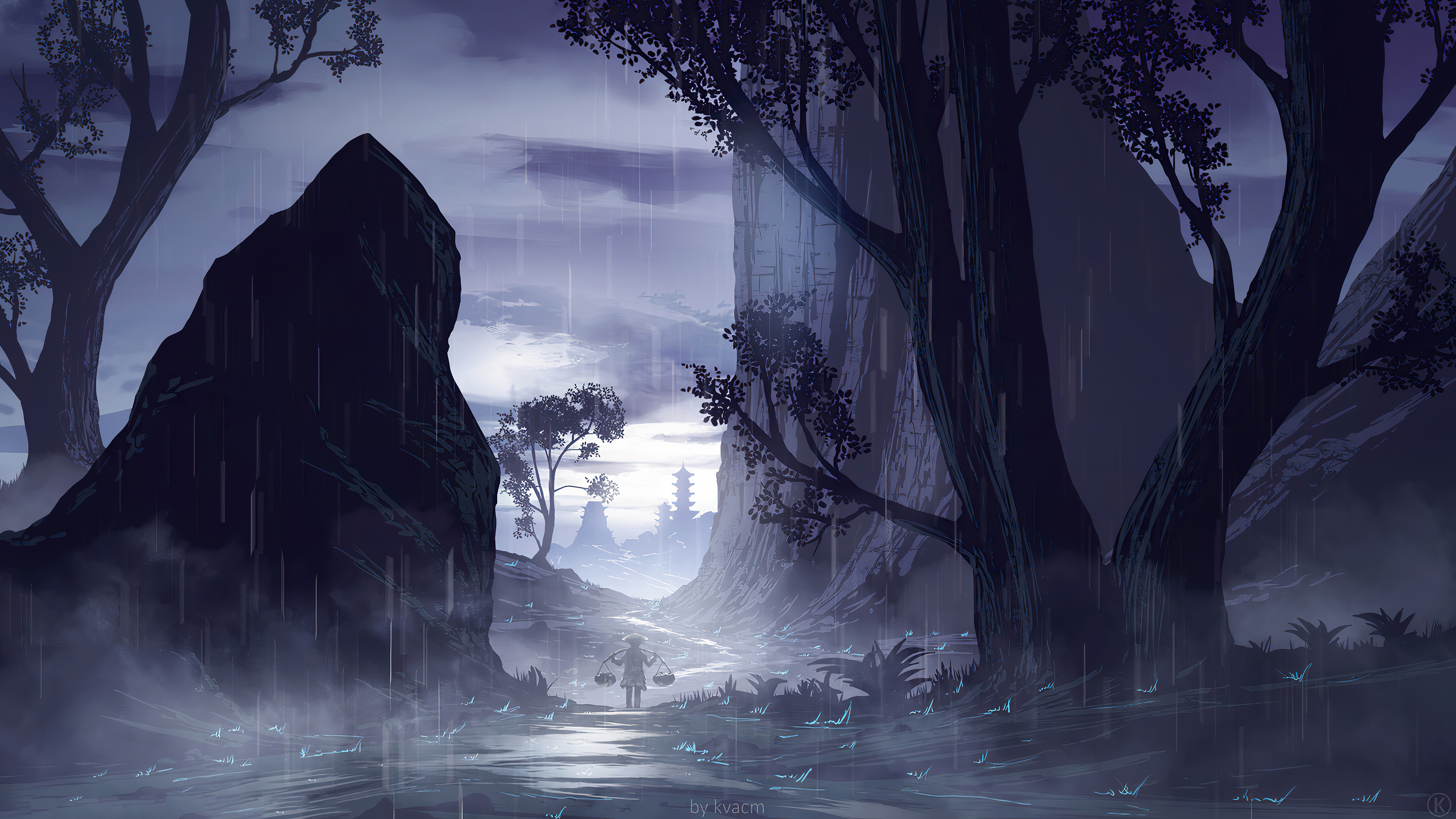 Digital art of a person walking in the rain HD Wallpaper