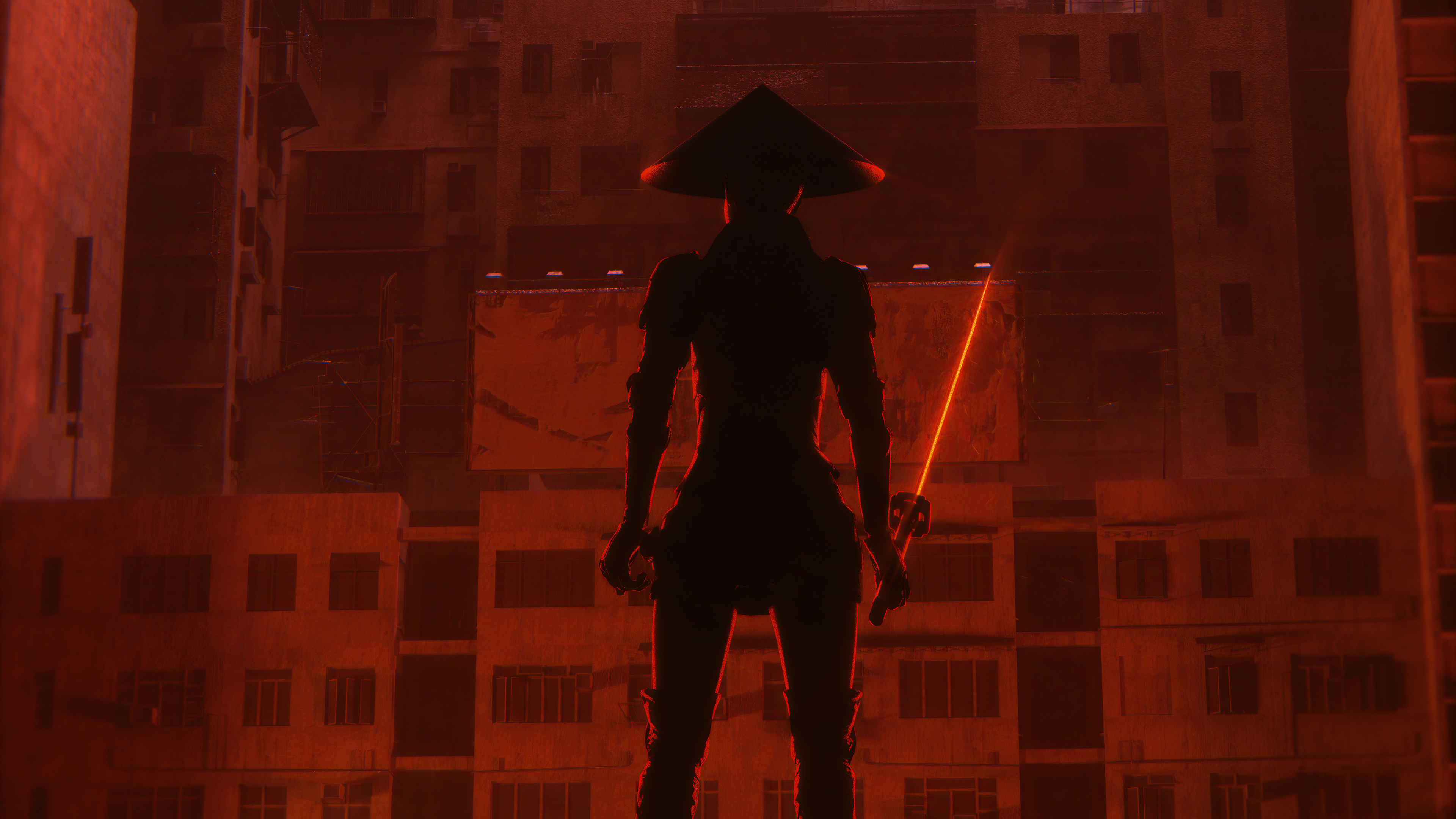 Silhouette of a ninja with a sword in a city HD Wallpaper
