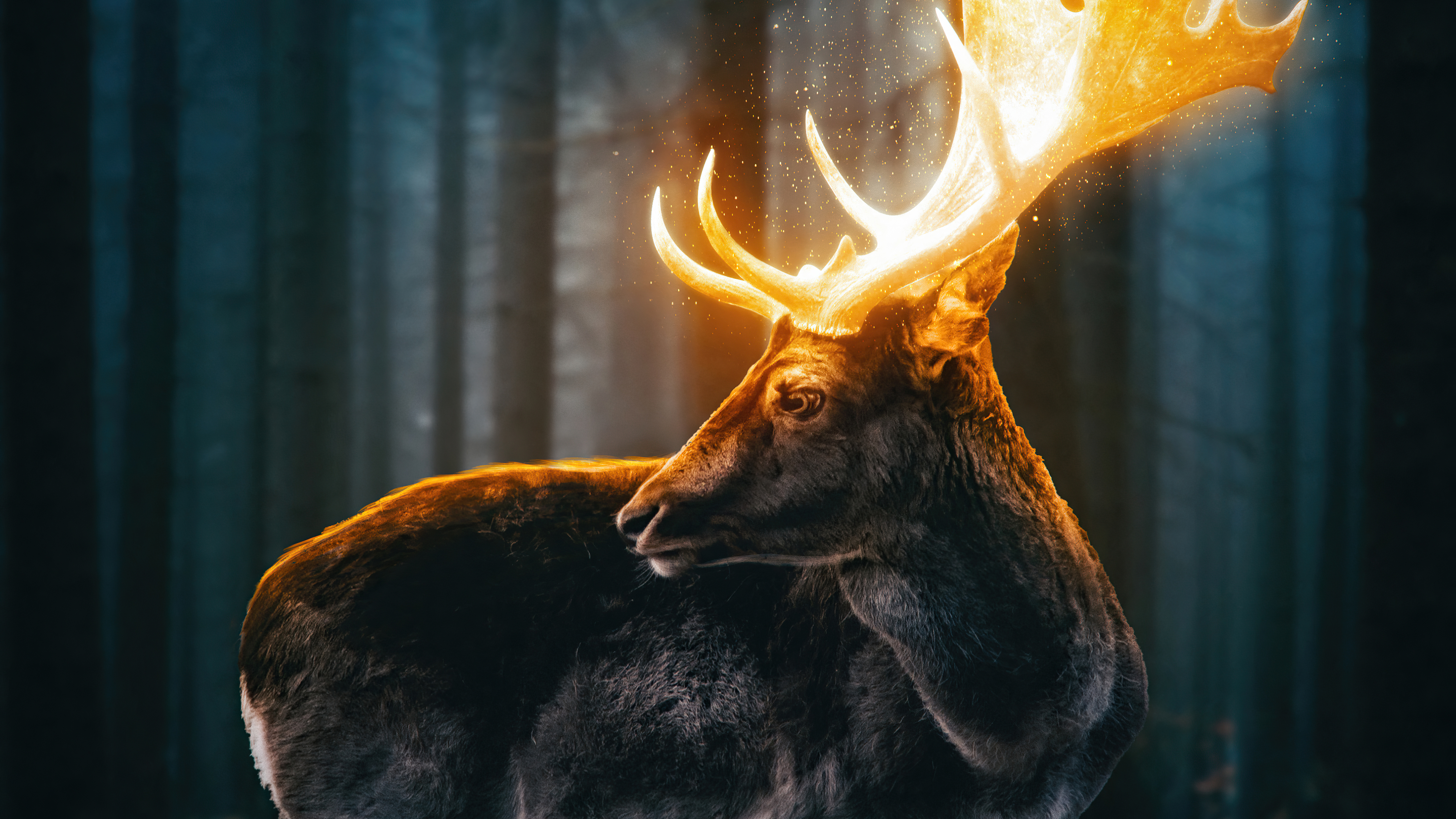 Fantasy deer with glowing antlers in a forest HD Wallpaper