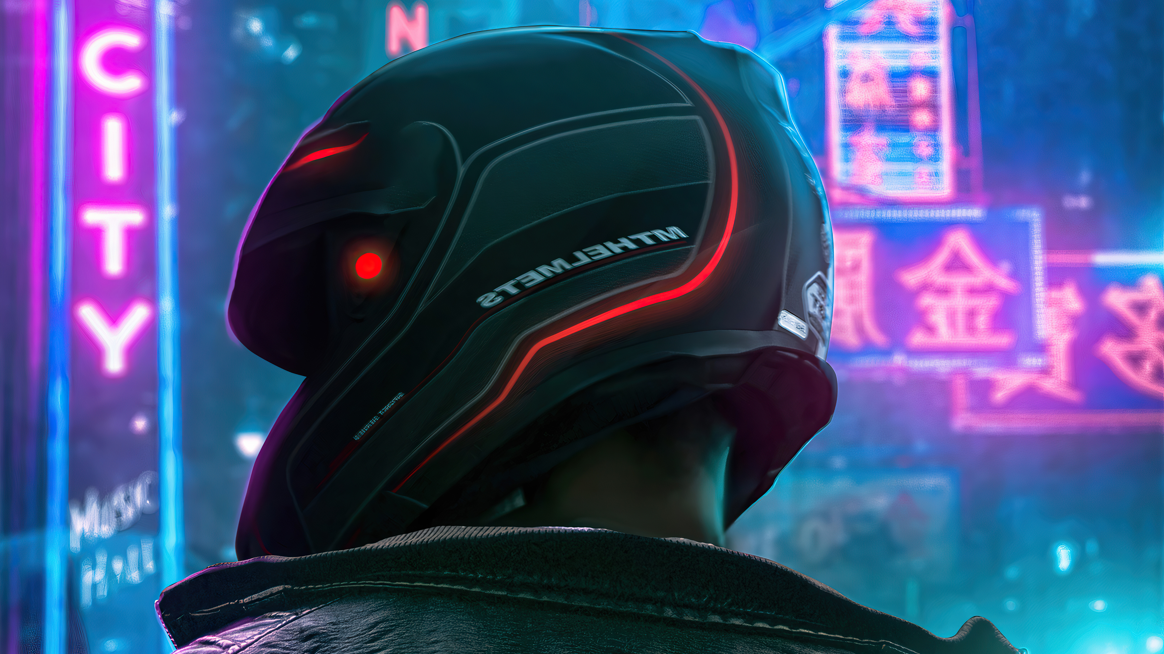 Cyberpunk biker helmet with neon city background HD Wallpaper