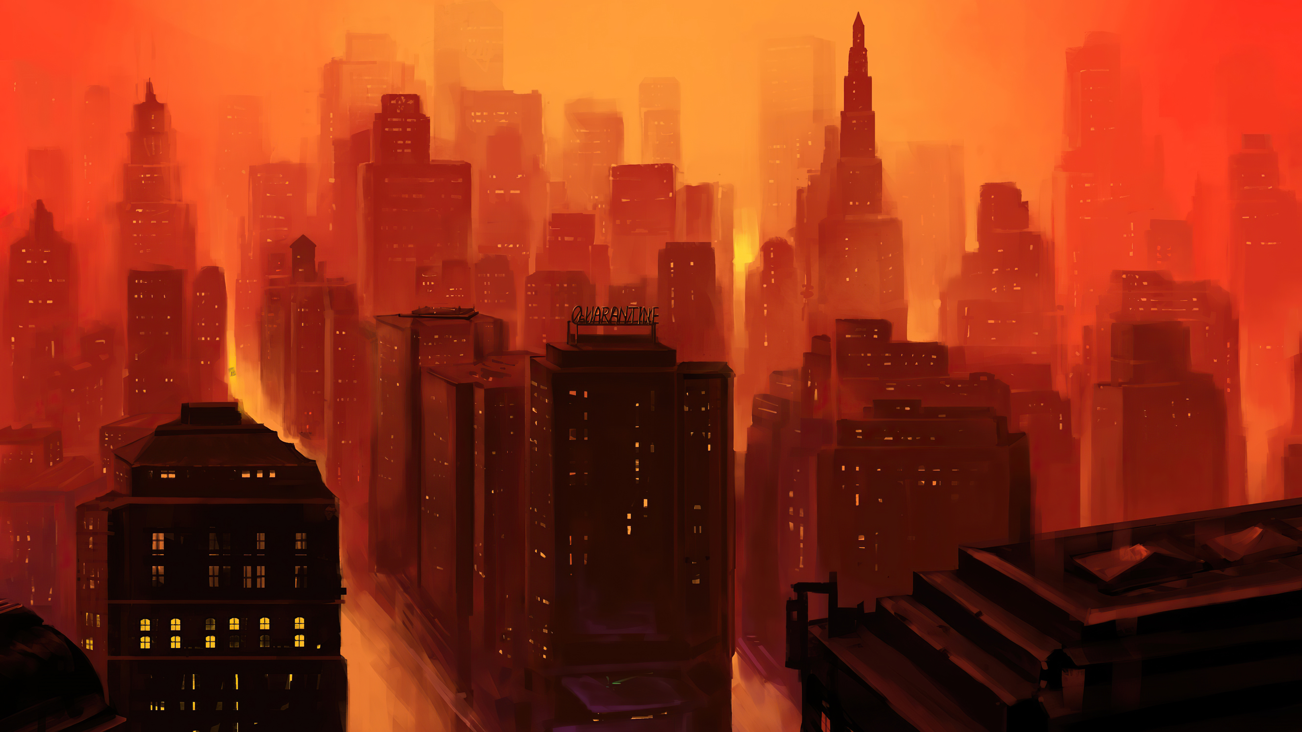 Digital art of a dystopian city skyline at sunset HD Wallpaper