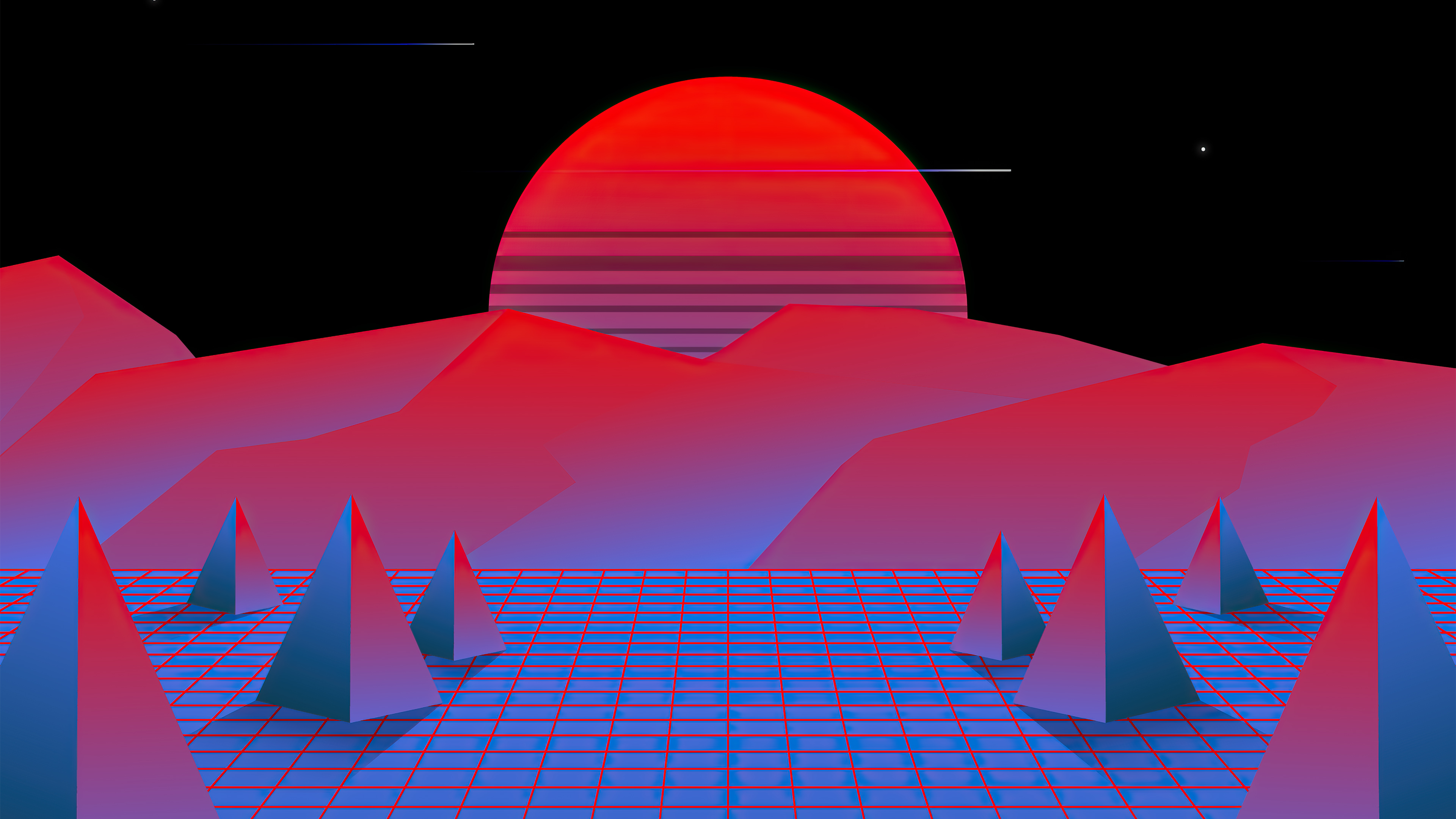 Retrowave landscape with pyramids and a large sun HD Wallpaper