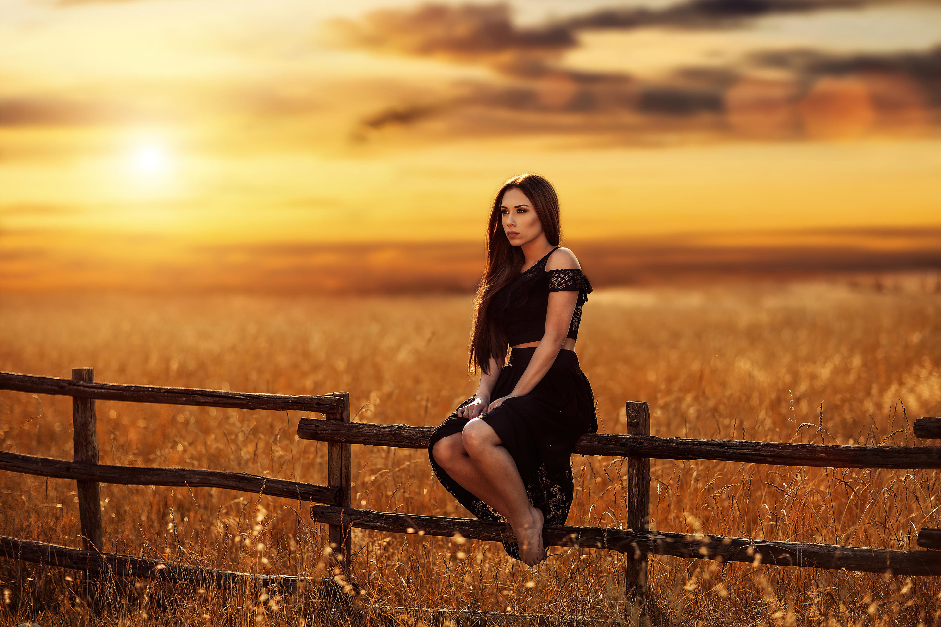 Girl Sitting on Fence in Field at Sunset HD Wallpaper