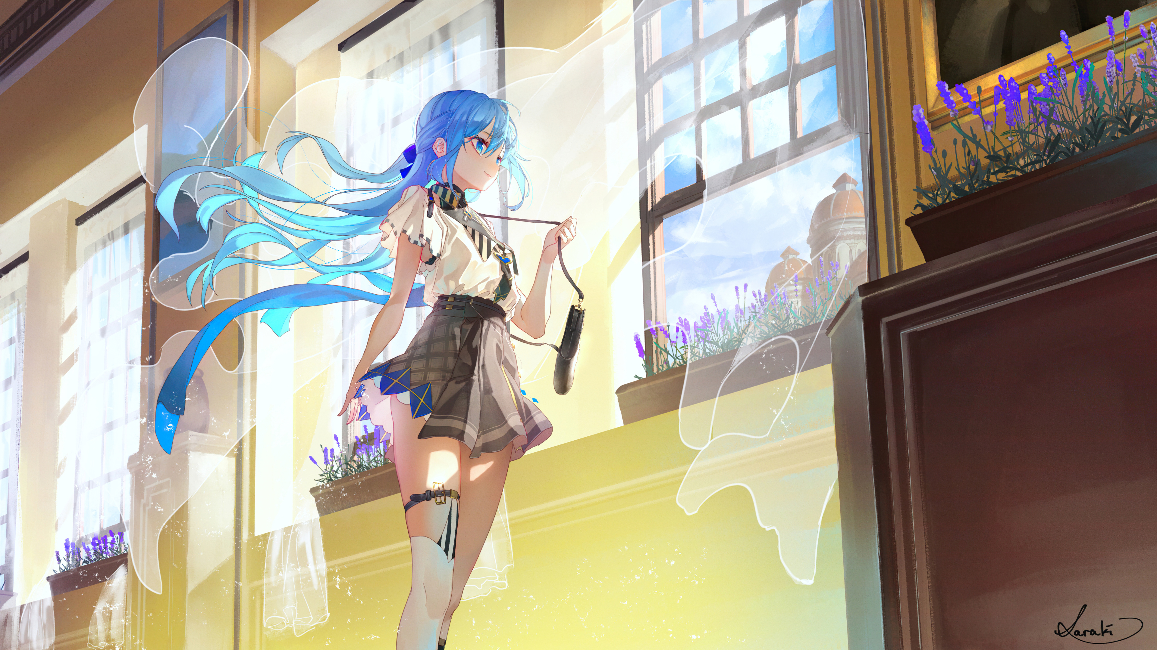 Anime girl with blue hair holding an umbrella HD Wallpaper