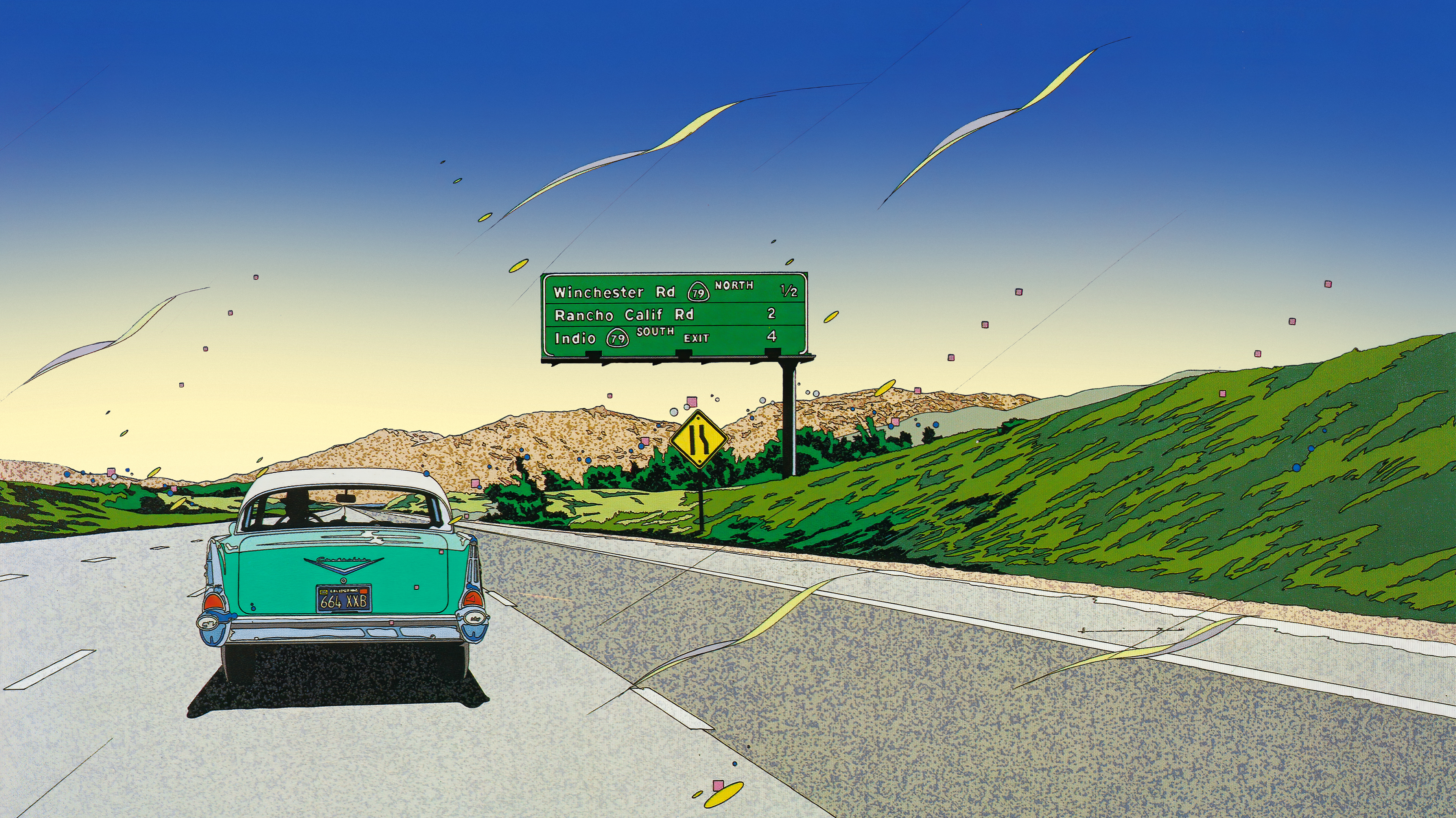 Vintage Car on Highway with Road Sign HD Wallpaper