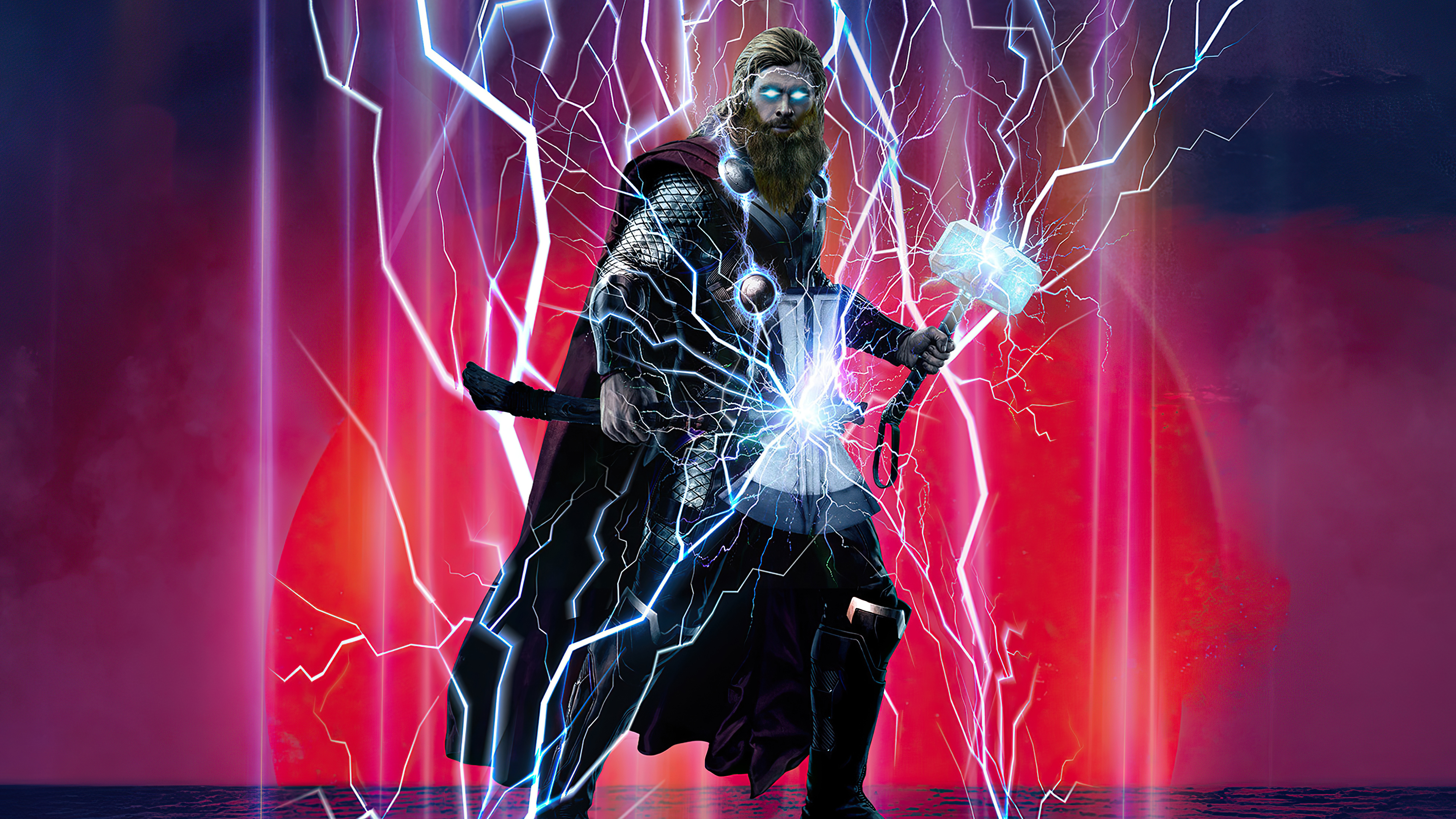 Thor from Avengers Endgame with Mjolnir and lightning HD Wallpaper