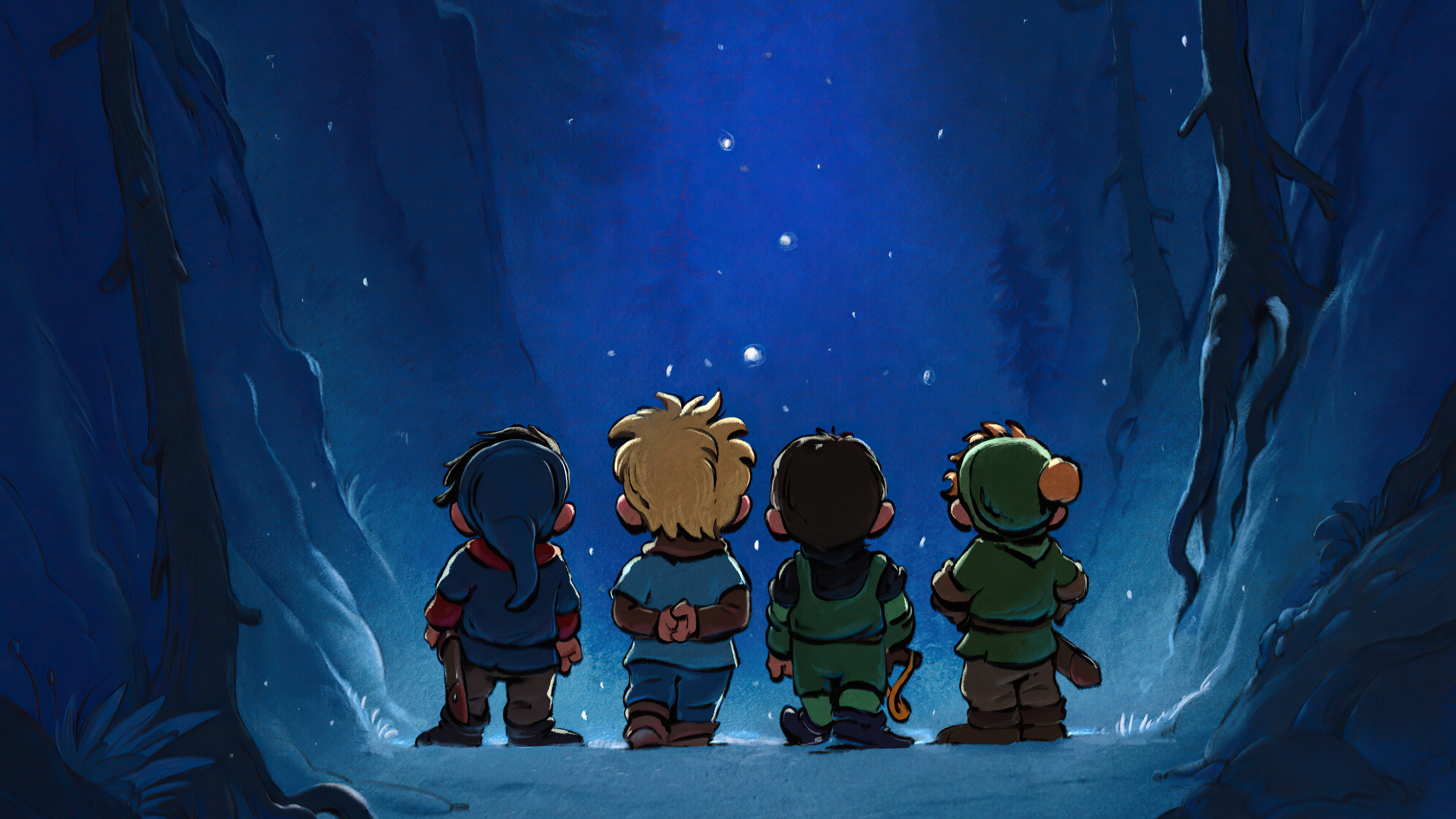Four children looking up at stars in a forest HD Wallpaper