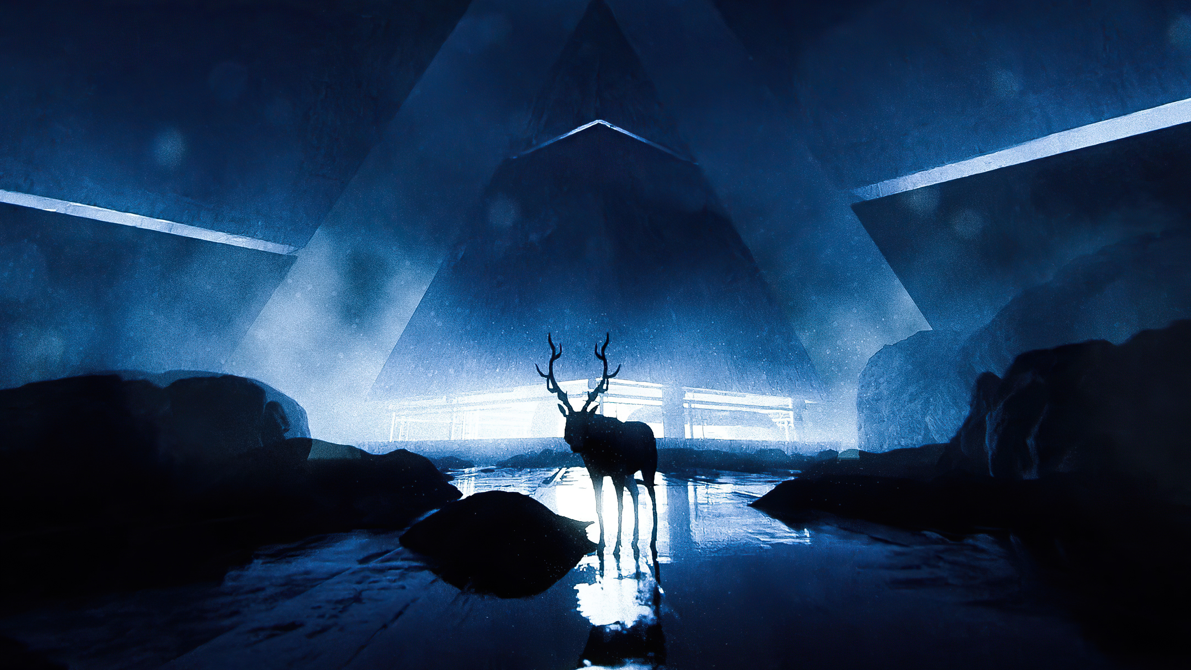 Reindeer in a Sci-Fi Pyramid with Blue Light HD Wallpaper