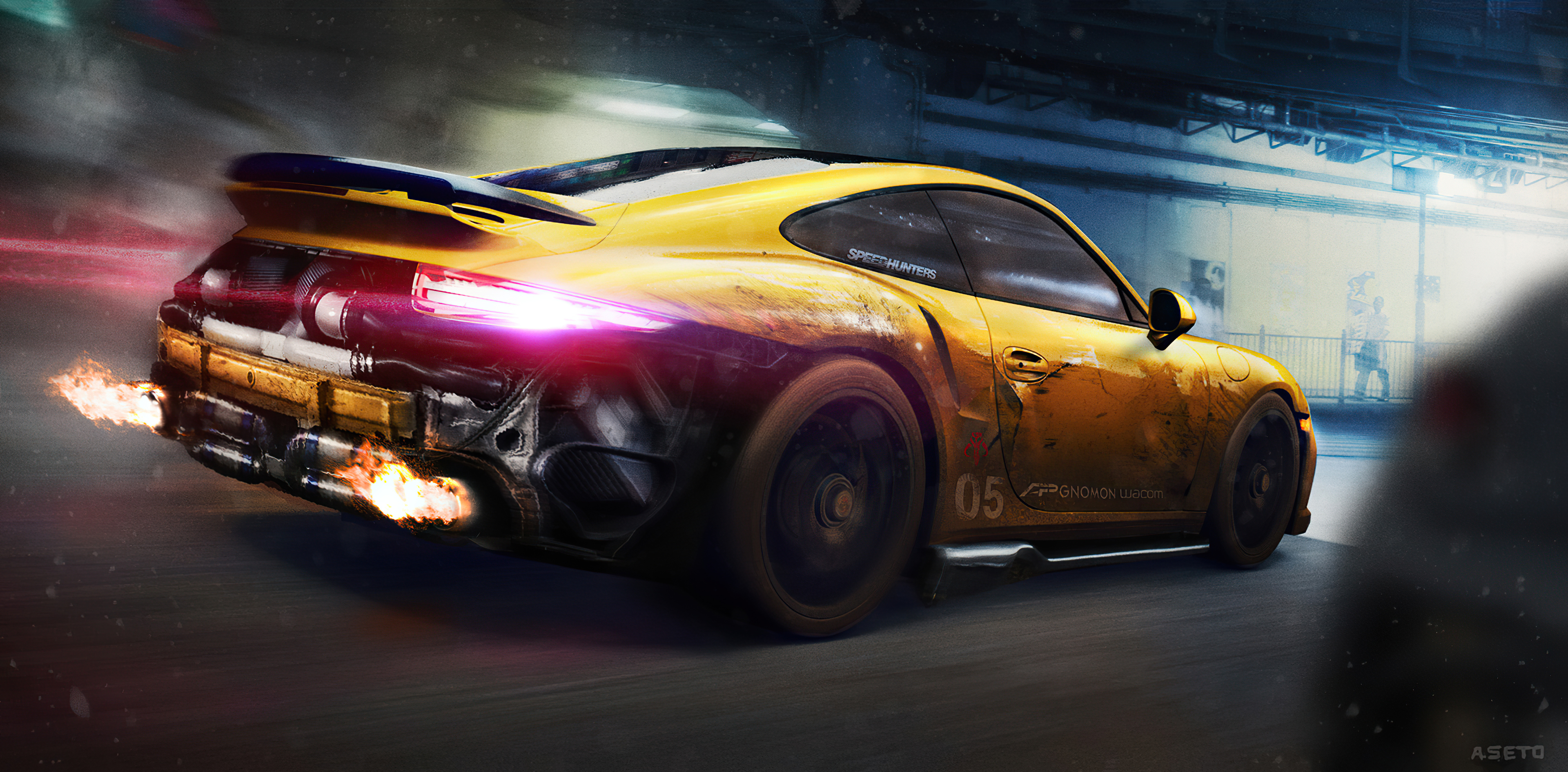Yellow Porsche 911 with flames from exhaust HD Wallpaper