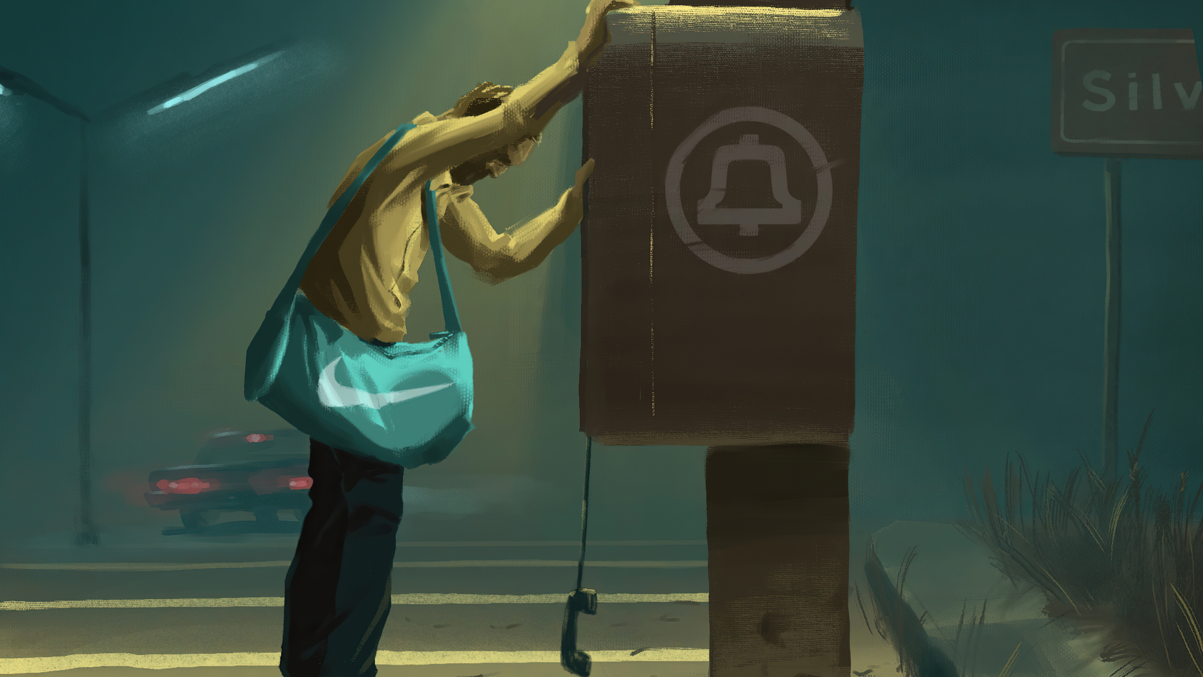 Man at a payphone with a Nike bag HD Wallpaper