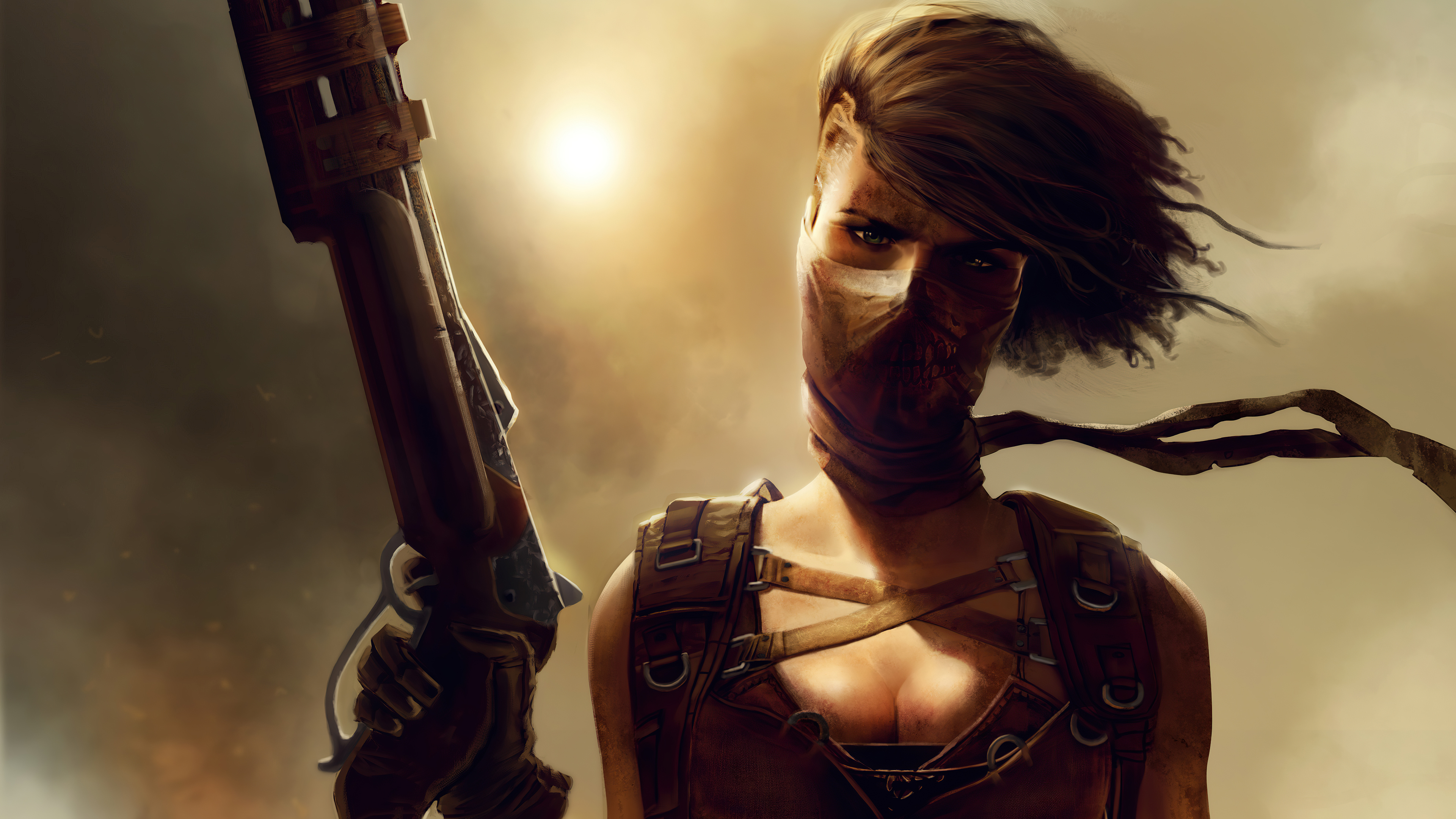 Warrior woman with rifle in desert HD Wallpaper