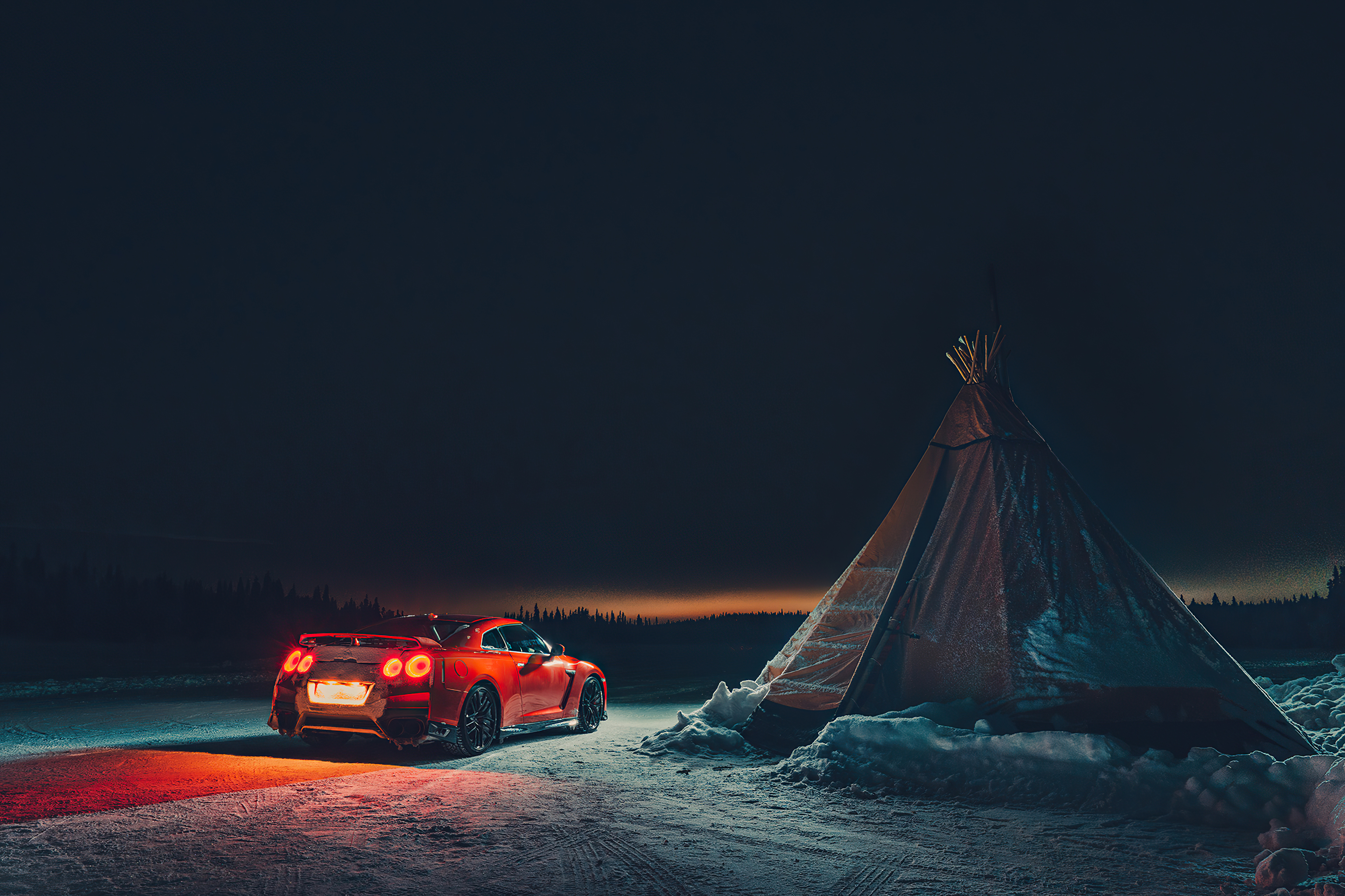 Red Nissan GT-R parked next to a teepee in snow HD Wallpaper