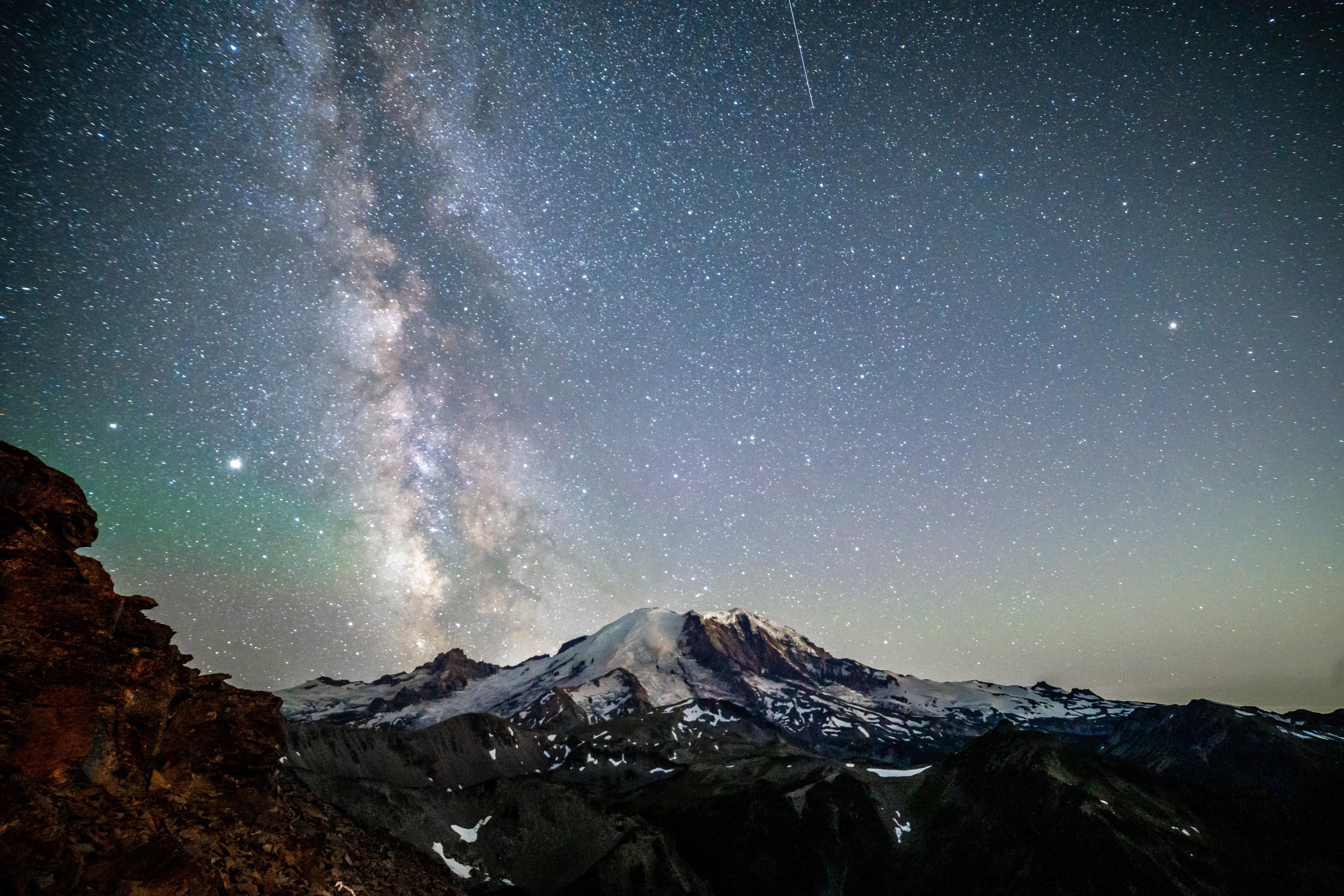 Milky Way Galaxy over snow-capped mountains HD Wallpaper