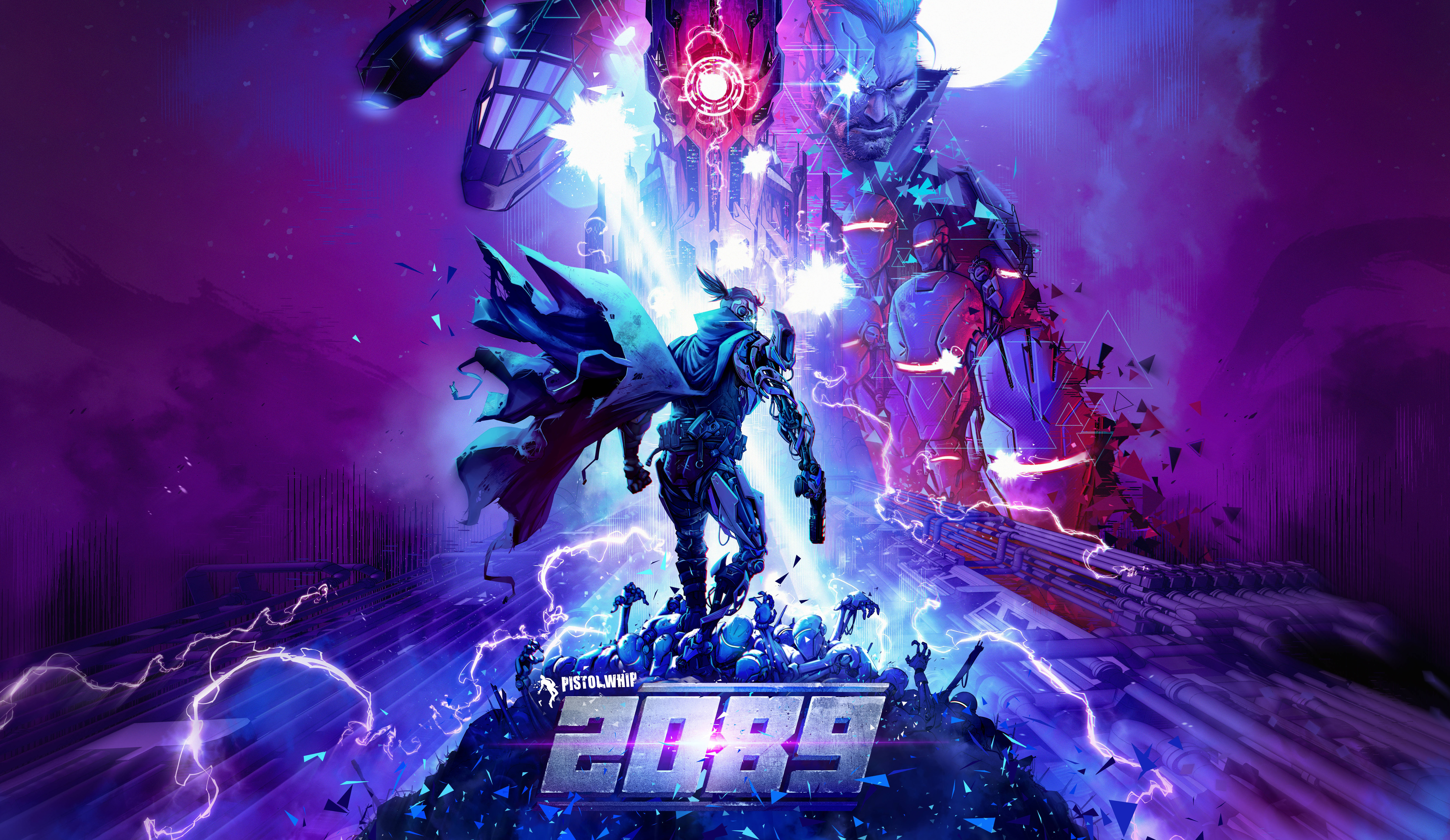 Pistol Whip 2089 game art with cyborg and large robot HD Wallpaper