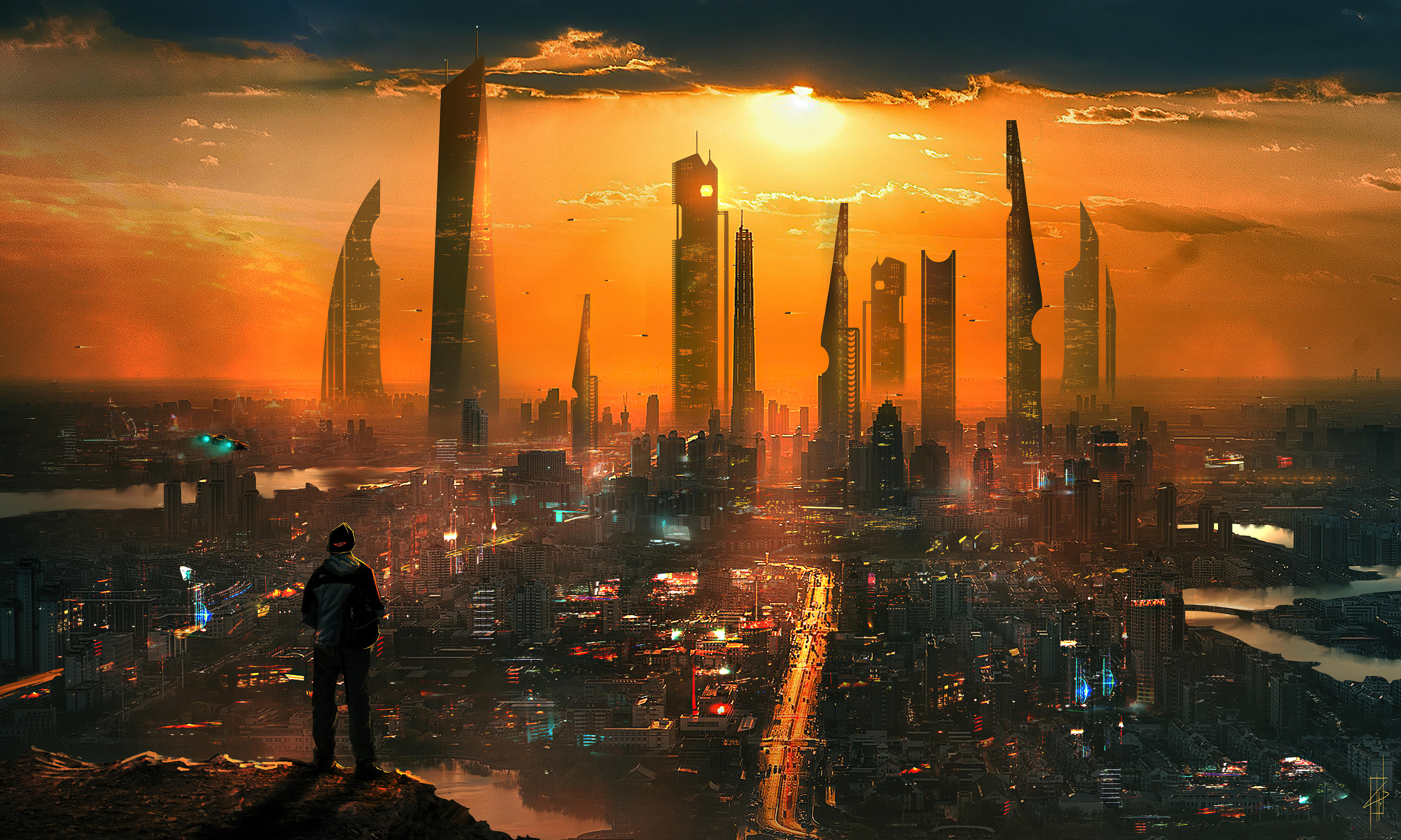Man overlooking futuristic city at sunset HD Wallpaper