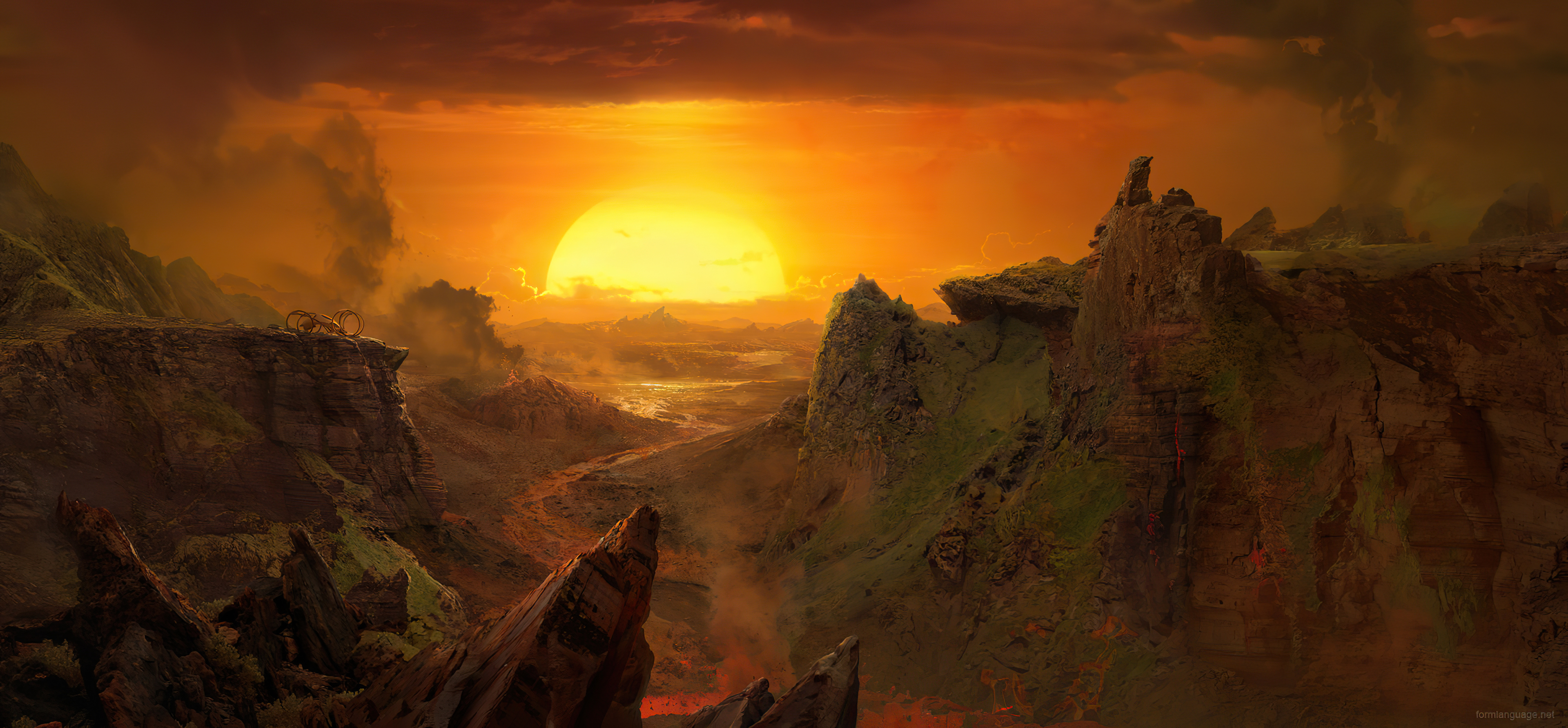 Digital art of a rocky alien landscape at sunrise HD Wallpaper
