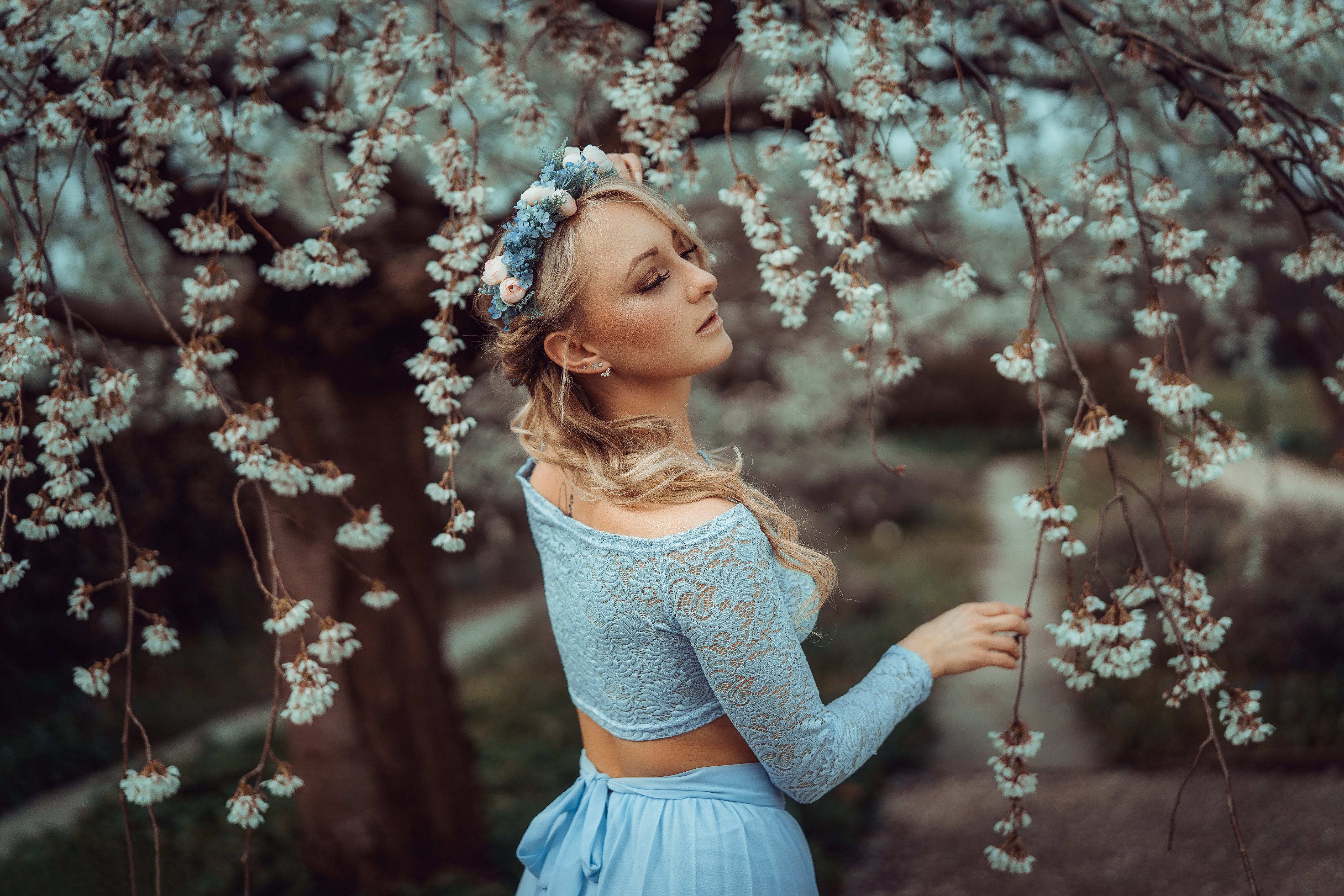 Woman with Flower Crown in Cherry Blossoms HD Wallpaper