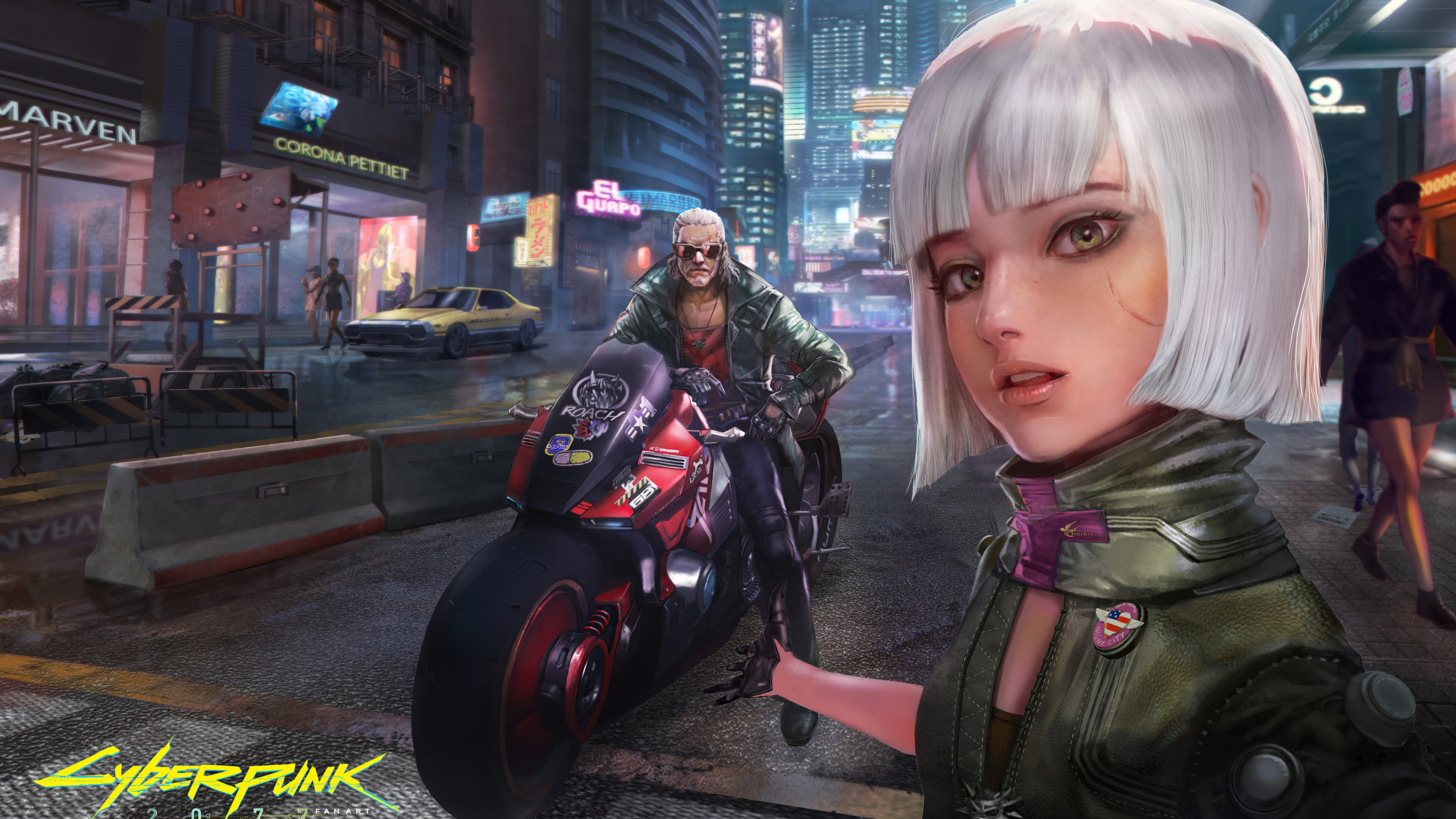Woman and man on motorcycle in Cyberpunk 2077 HD Wallpaper