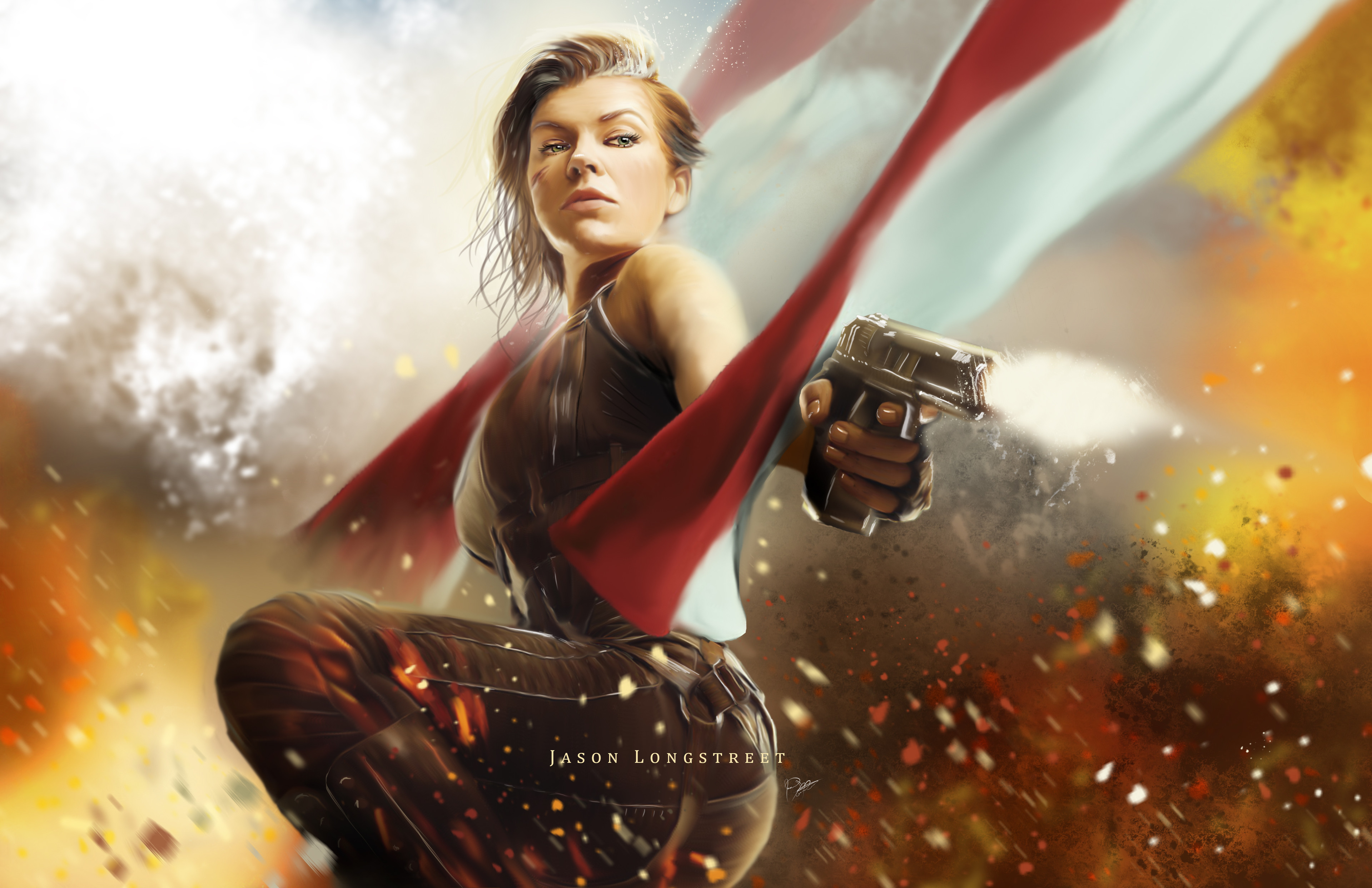 Woman with gun and red cape in front of explosion HD Wallpaper