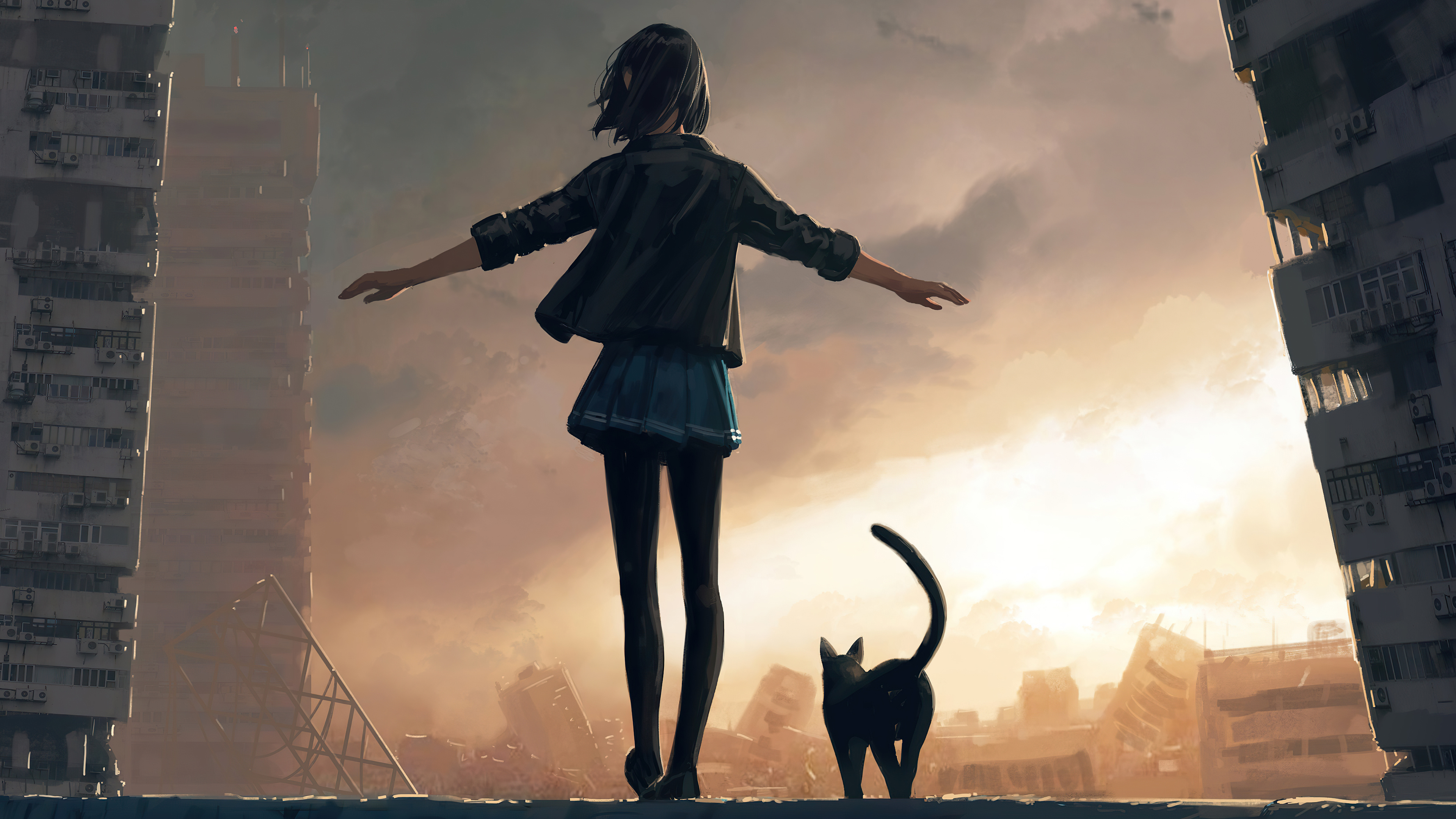 Girl and Black Cat in Ruined City 4K HD Wallpaper
