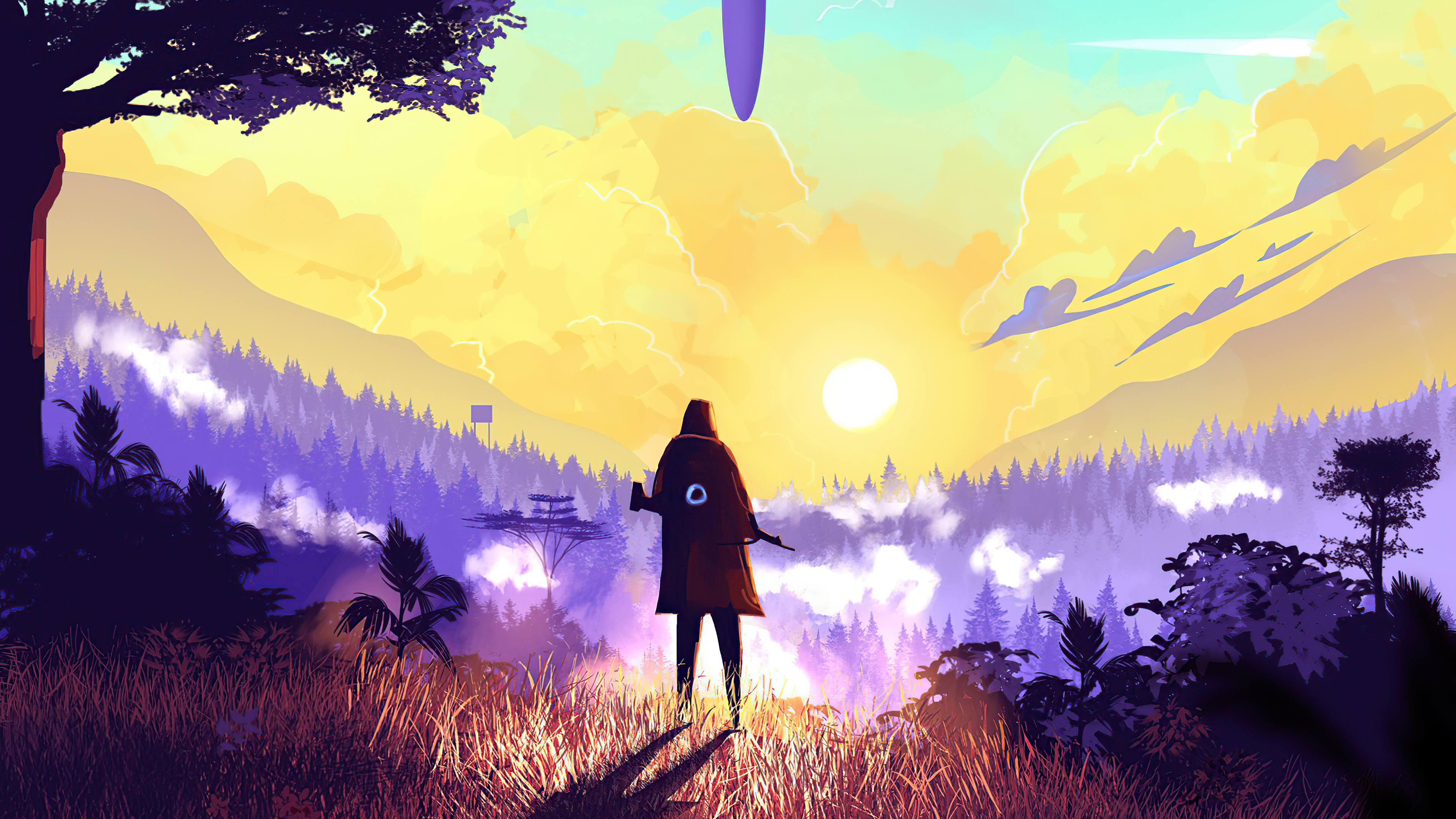 Man with rifle in a forest at sunset HD Wallpaper