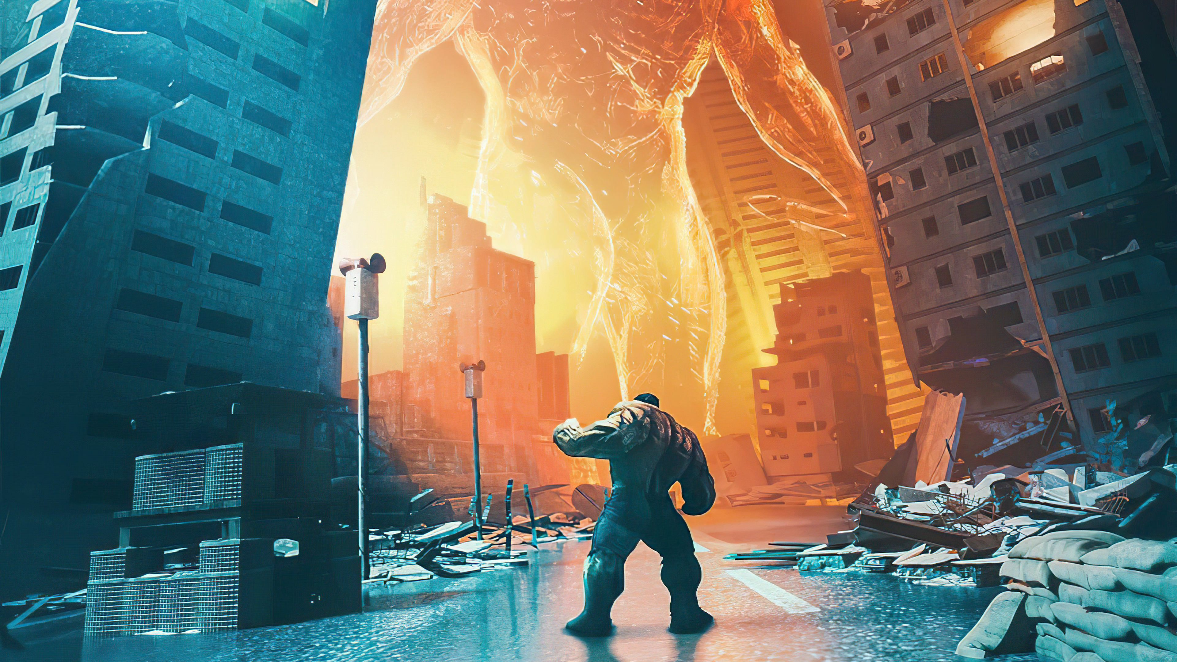 Hulk battles a giant energy being in a destroyed city HD Wallpaper