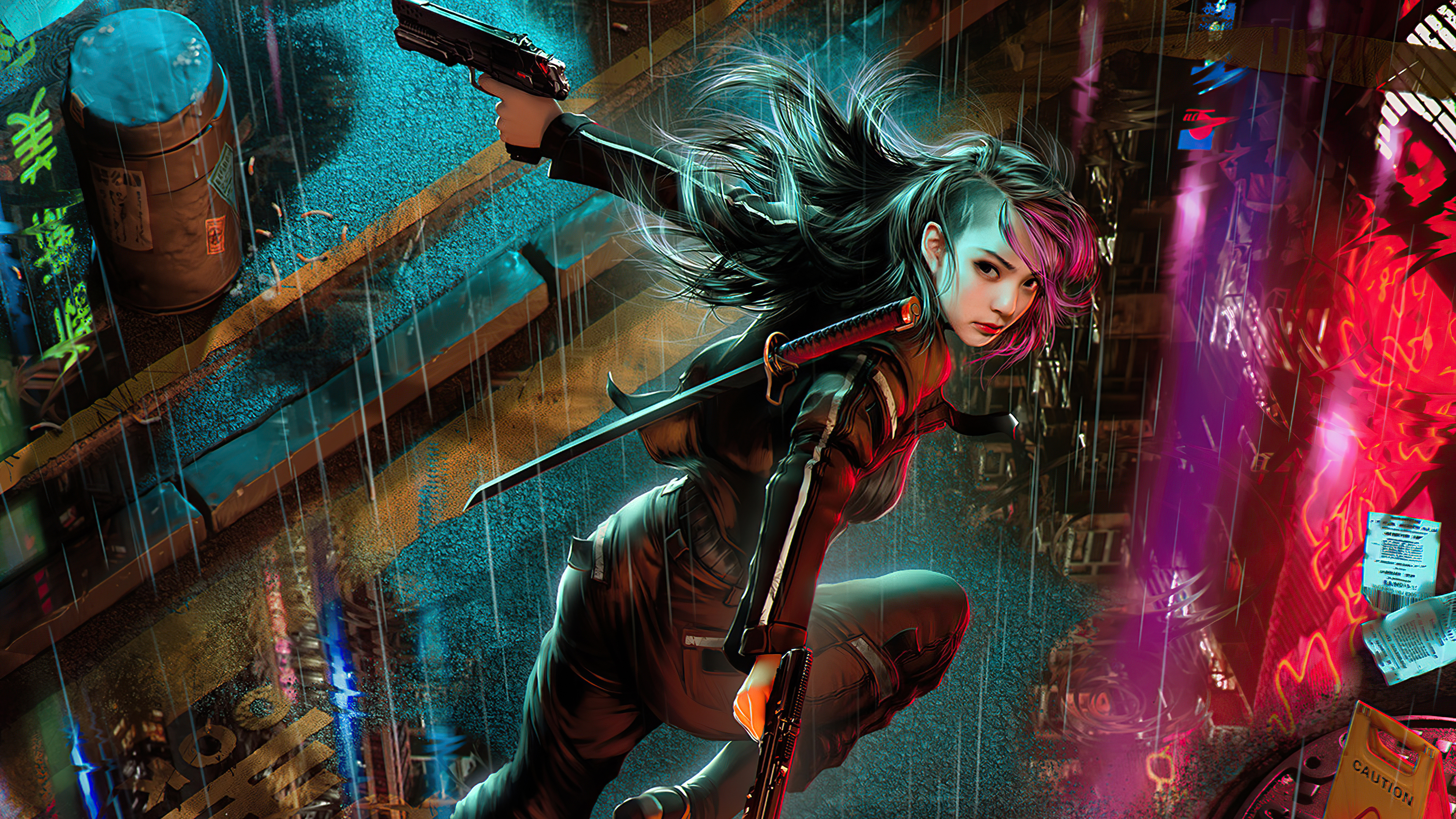 Warrior with sword and guns in cyberpunk city HD Wallpaper