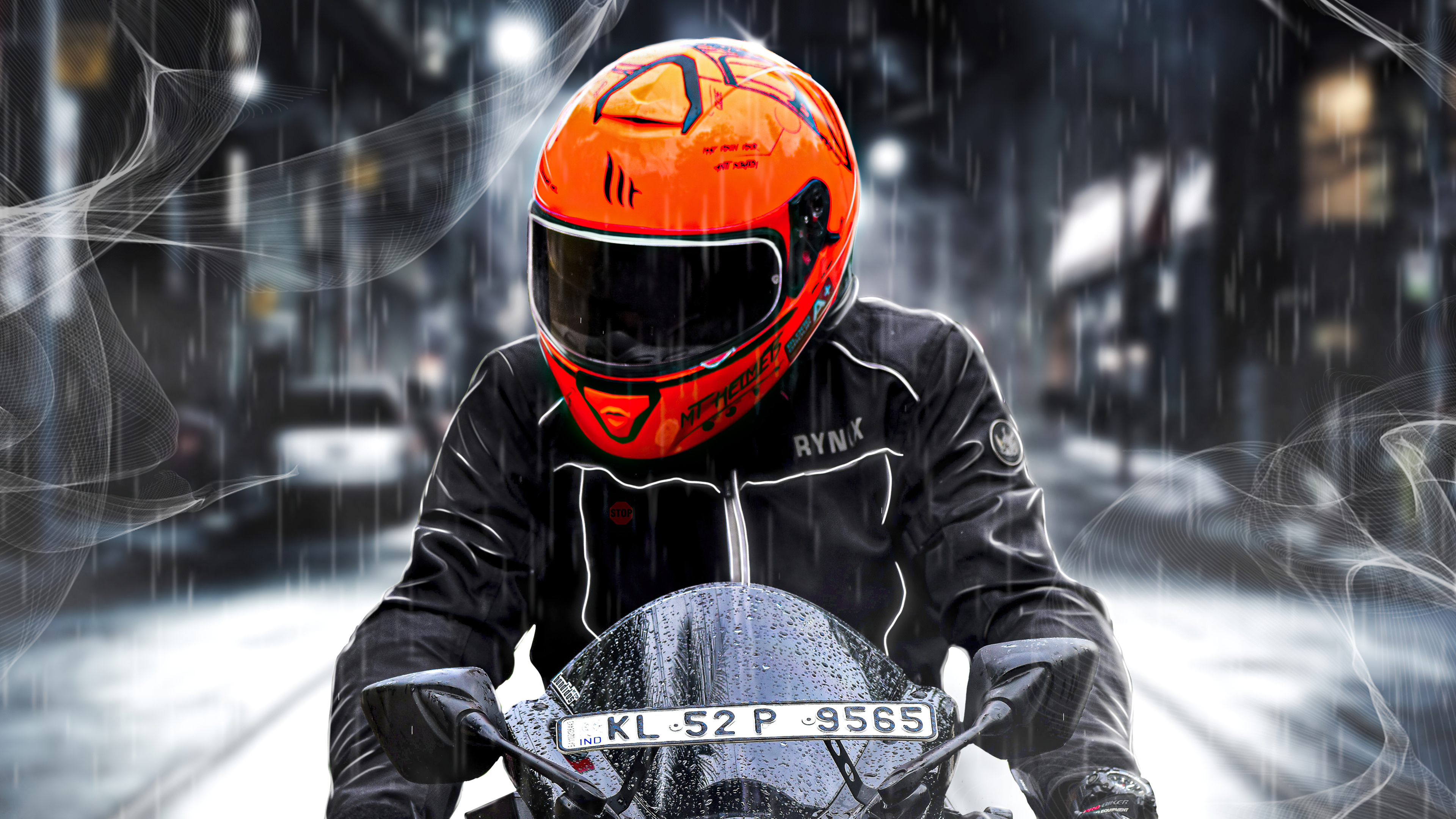 Motorcyclist in orange helmet on Yamaha bike in rain HD Wallpaper