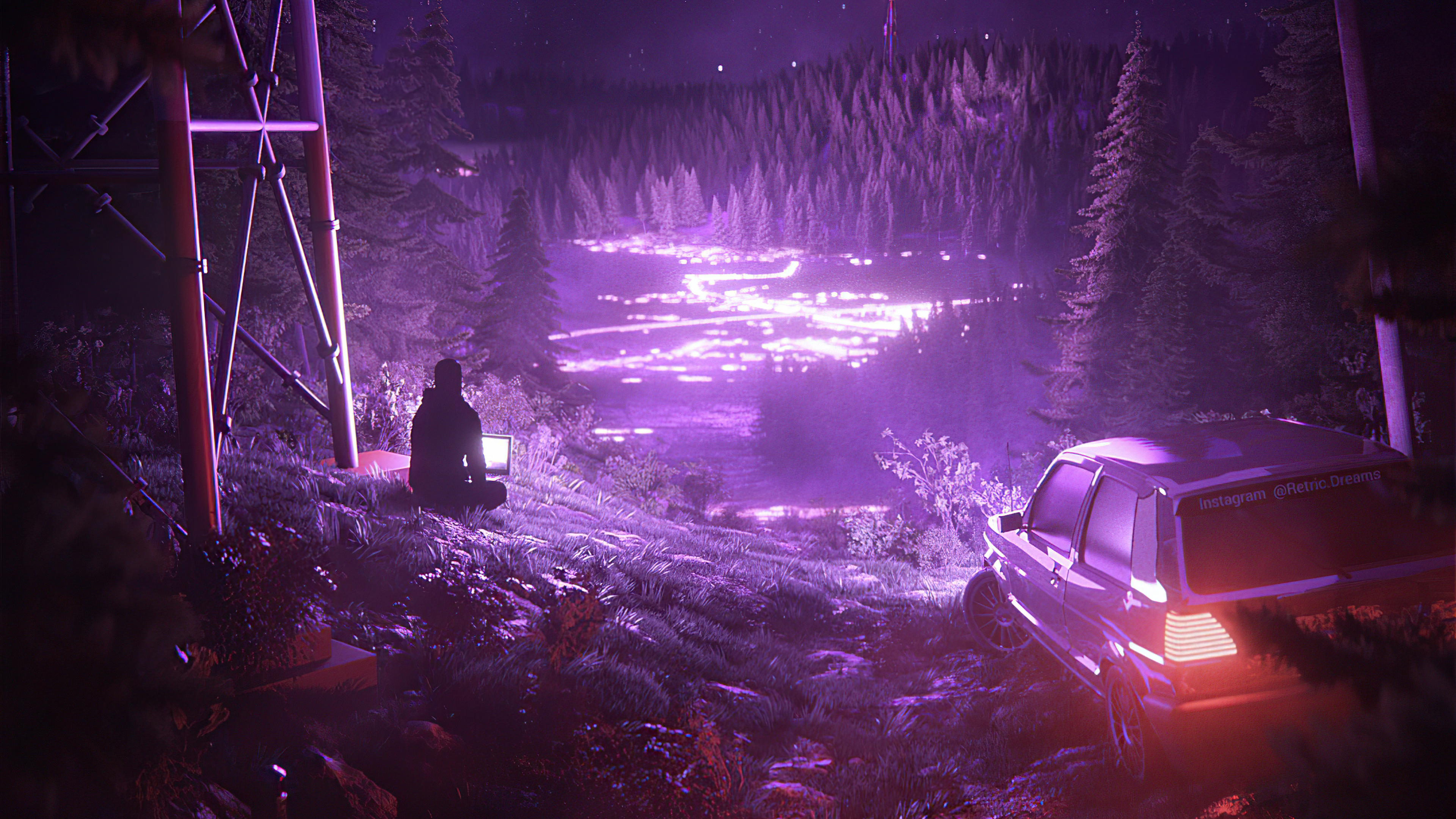 Person with laptop by tower and car in neon forest HD Wallpaper