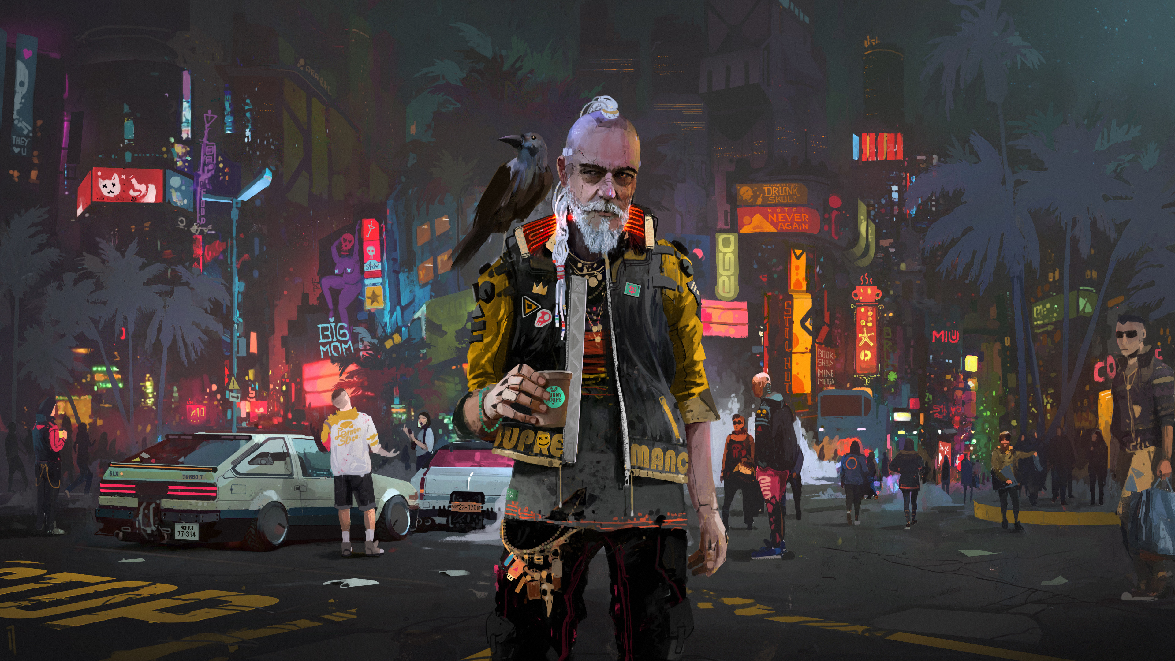 Cyberpunk 2077 artwork of an old man with a bird HD Wallpaper