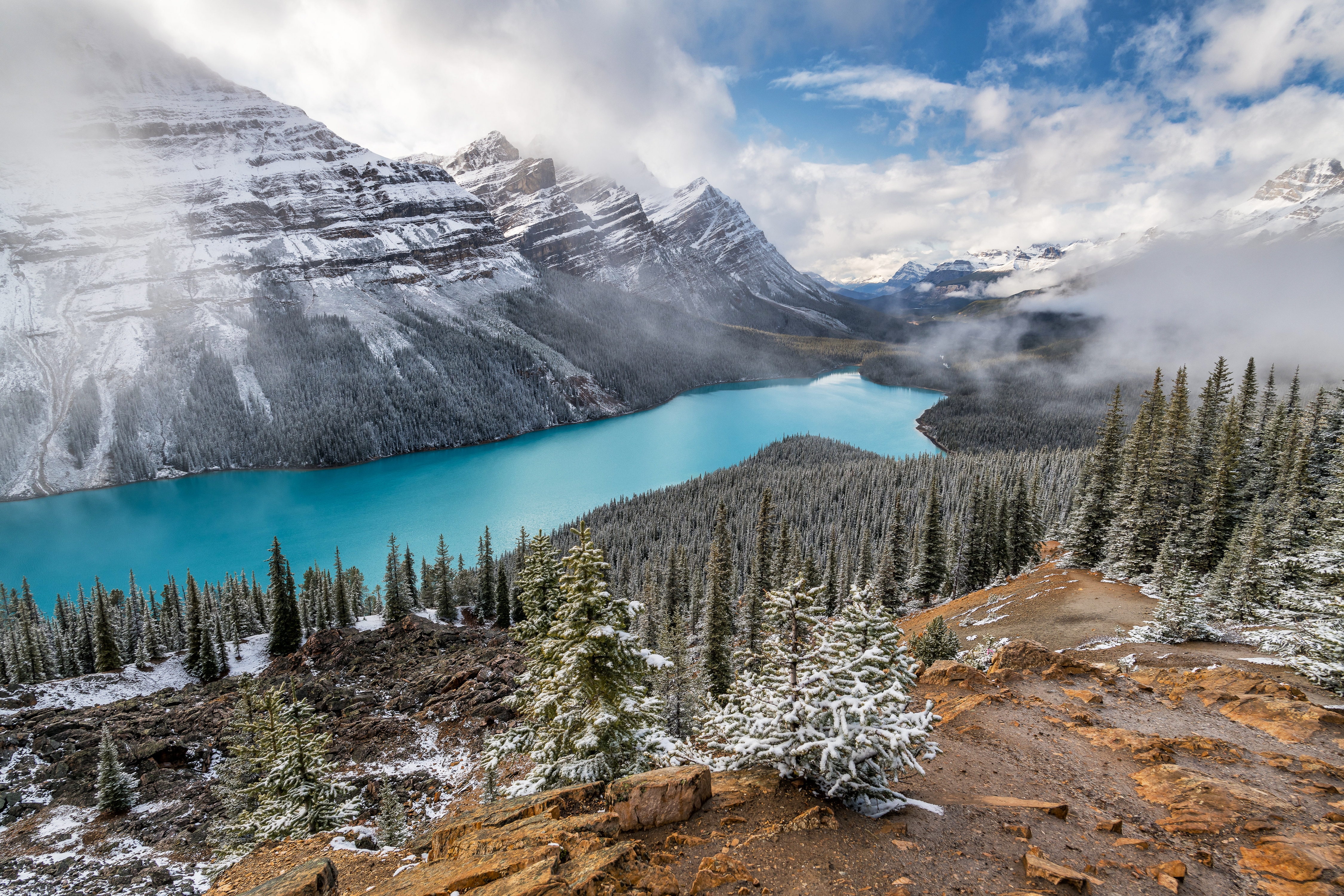 Turquoise Lake Surrounded by Snowy Mountains and Forest HD Wallpaper