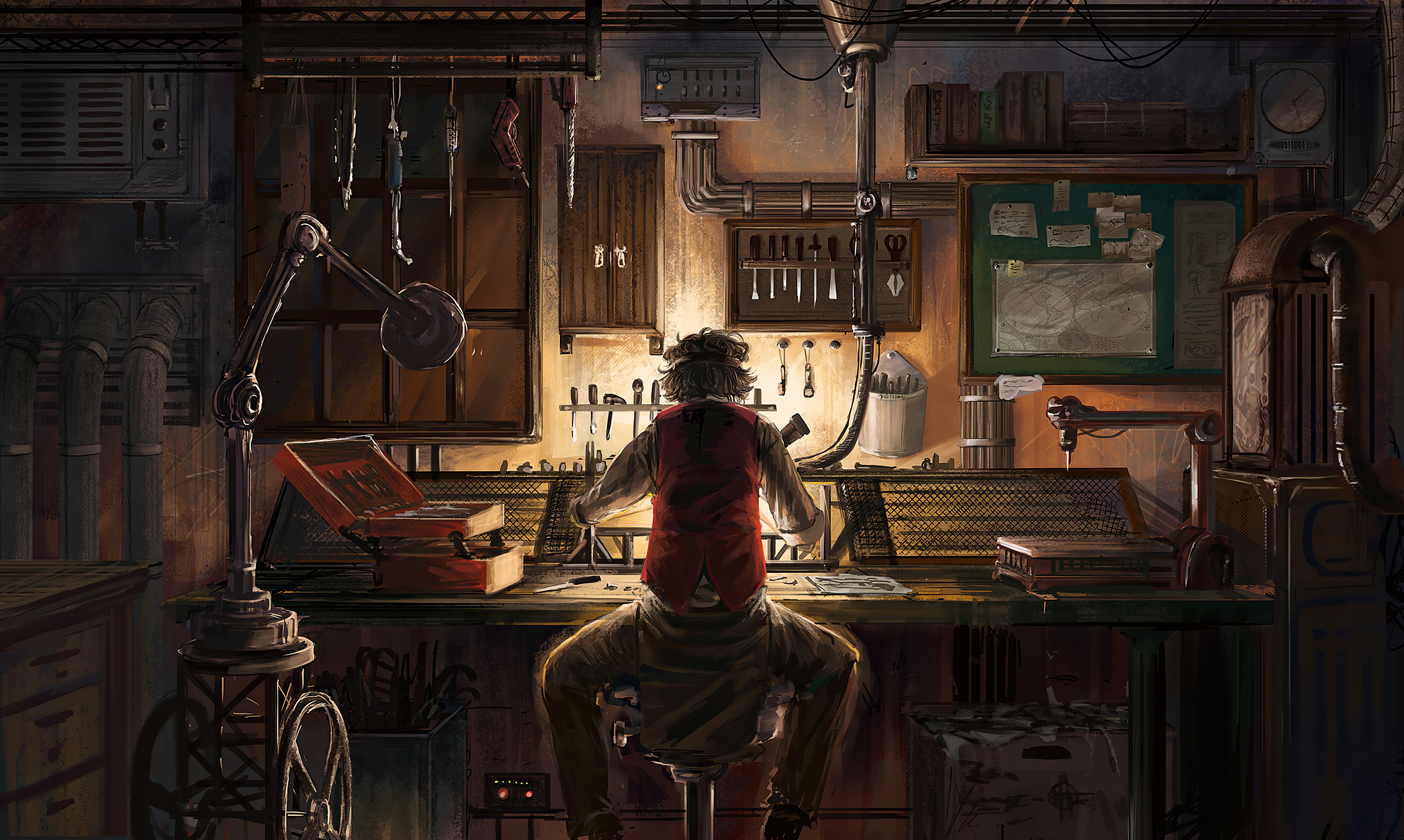 Steampunk workshop with a person working at a desk HD Wallpaper