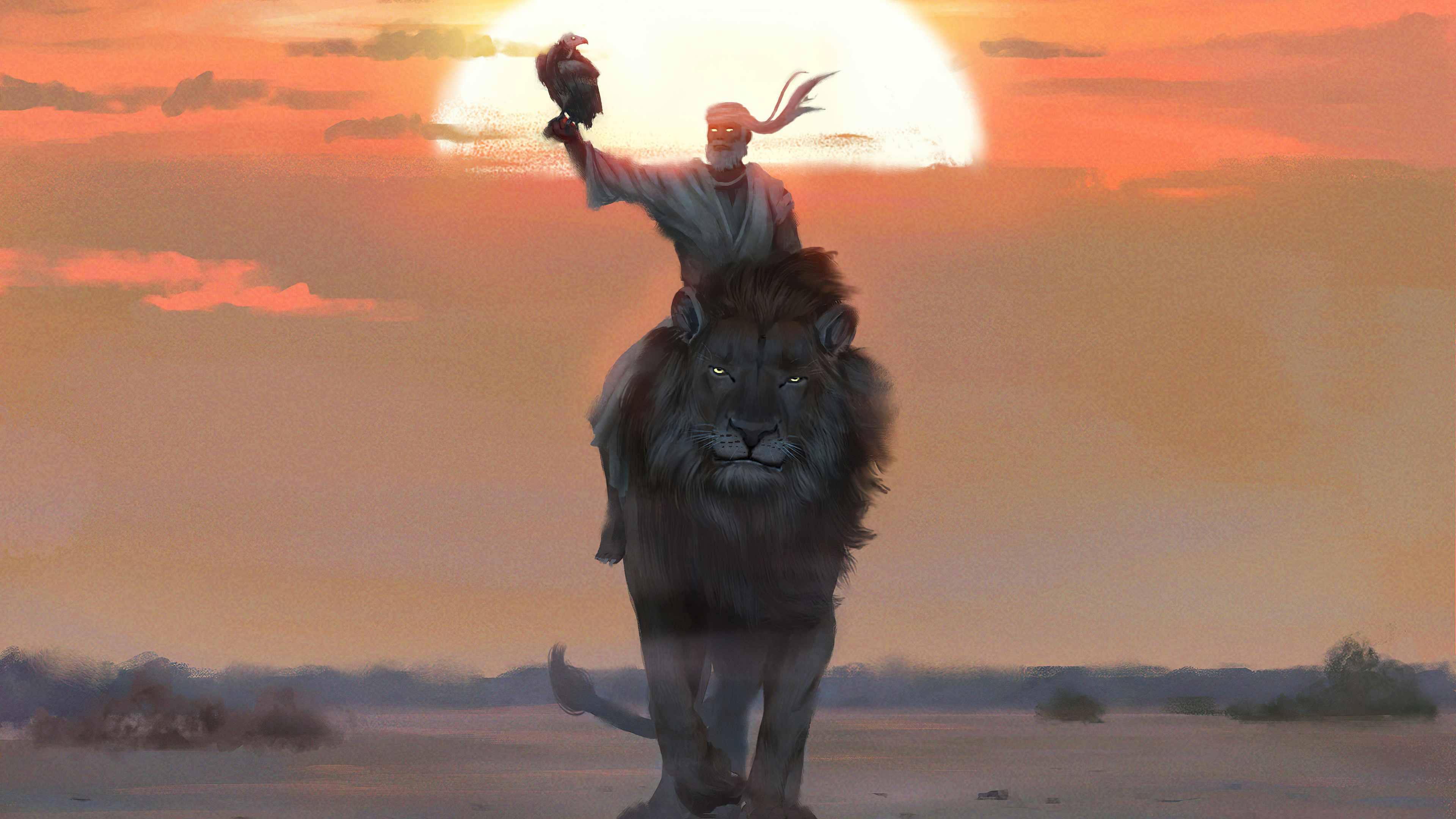 Man with falcon riding a lion at sunset HD Wallpaper