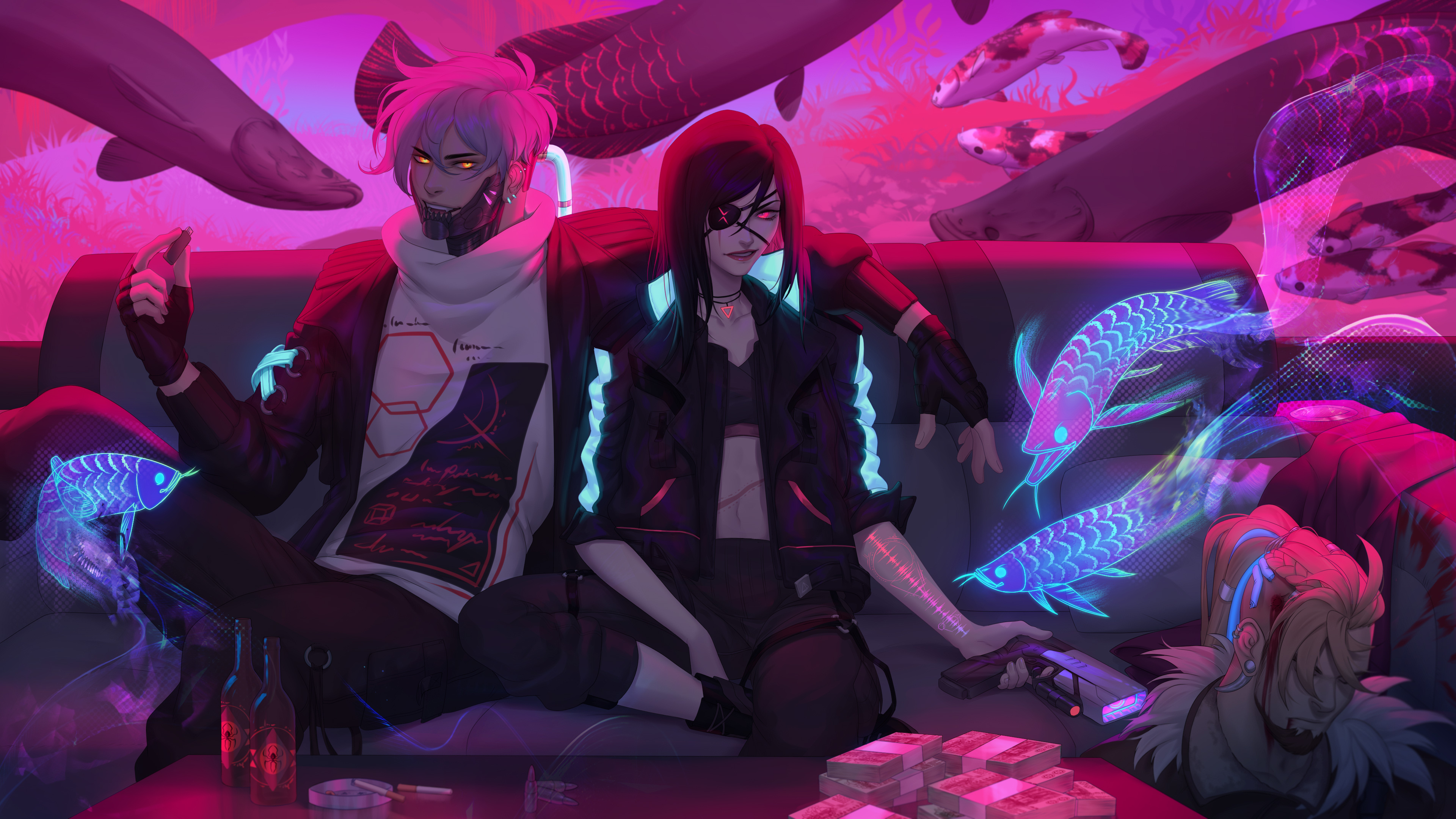 Cyberpunk characters with glowing fish and money HD Wallpaper