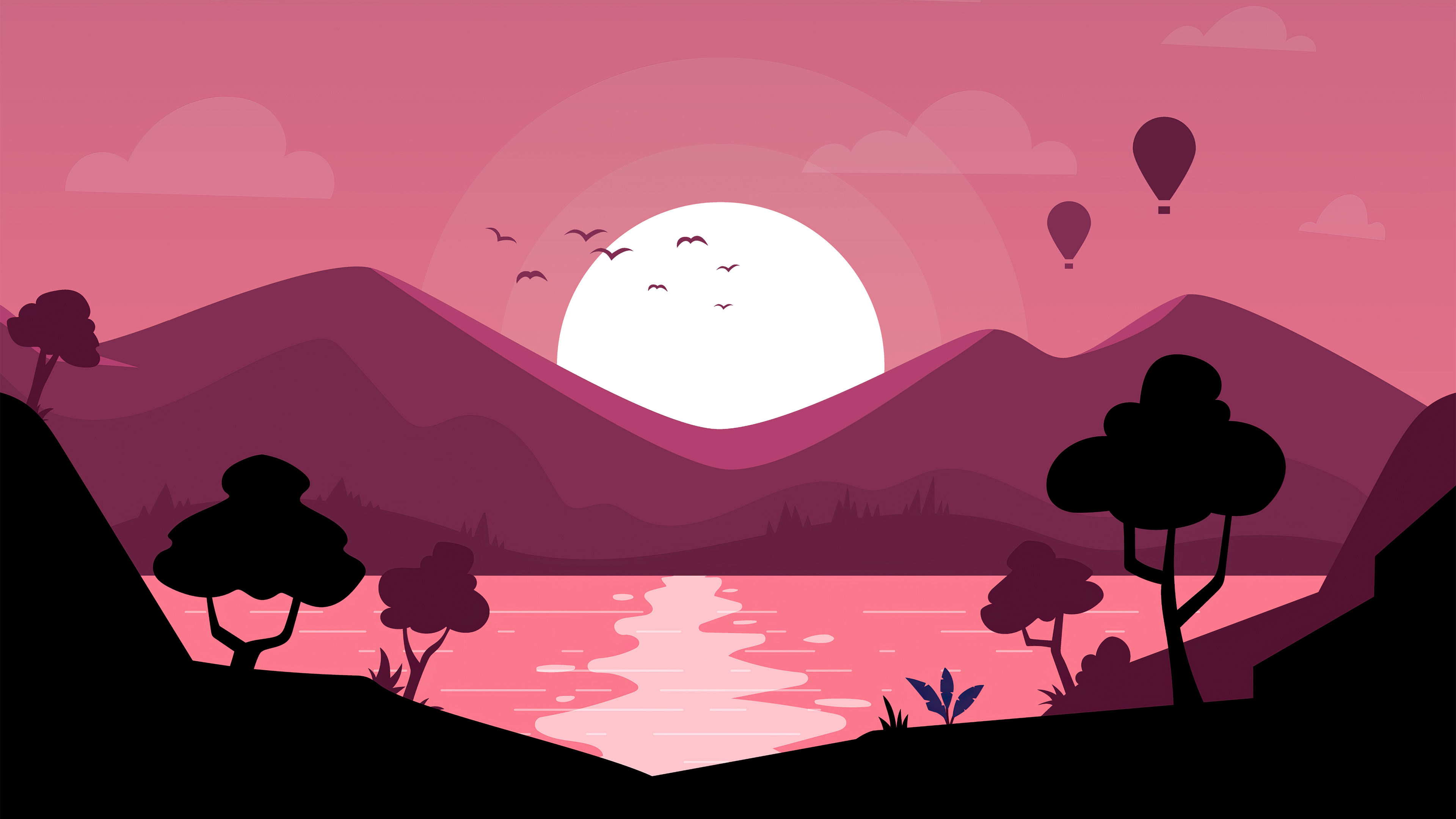 Minimalist landscape with mountains, lake, and hot air balloons HD Wallpaper