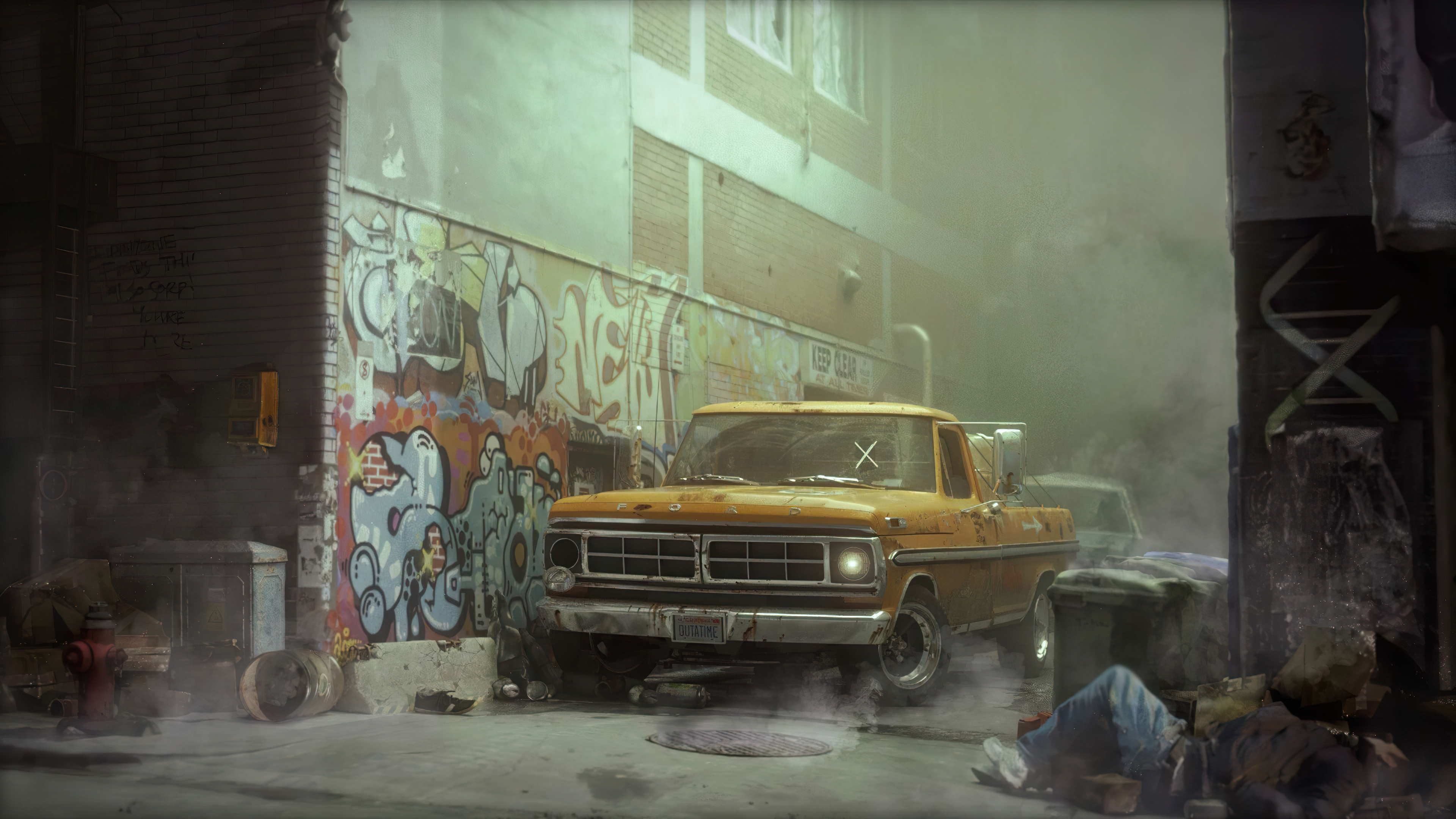 Ford truck in a graffiti-covered alley with smoke HD Wallpaper